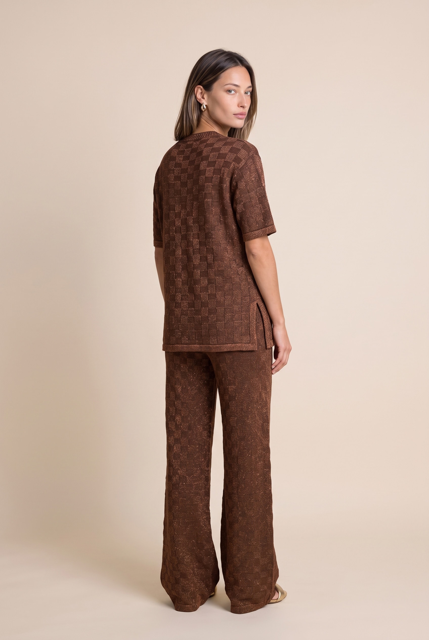 Calca Tricot Mix Lurex Marrom