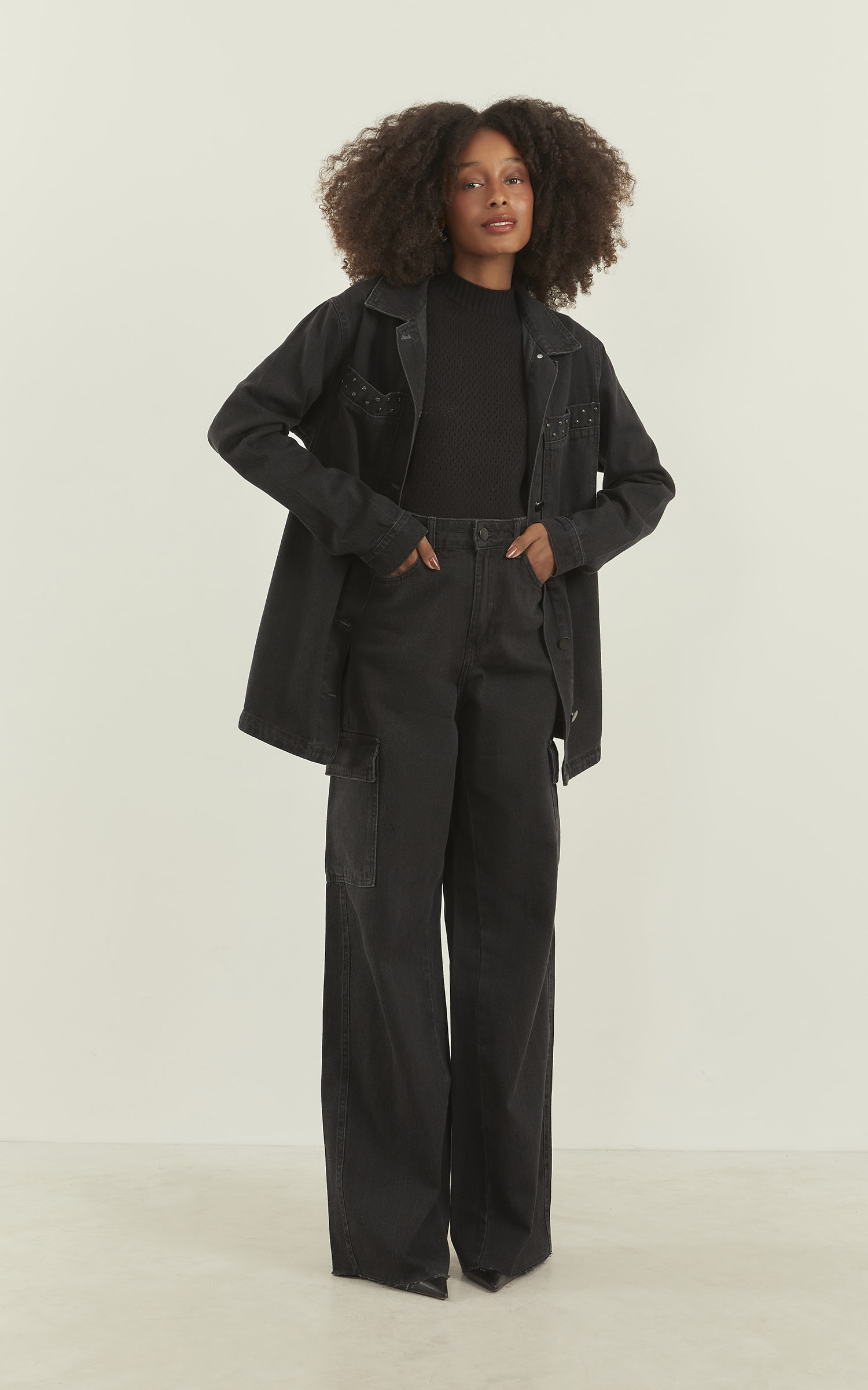 Calça Wide Leg Cargo Jeans Black