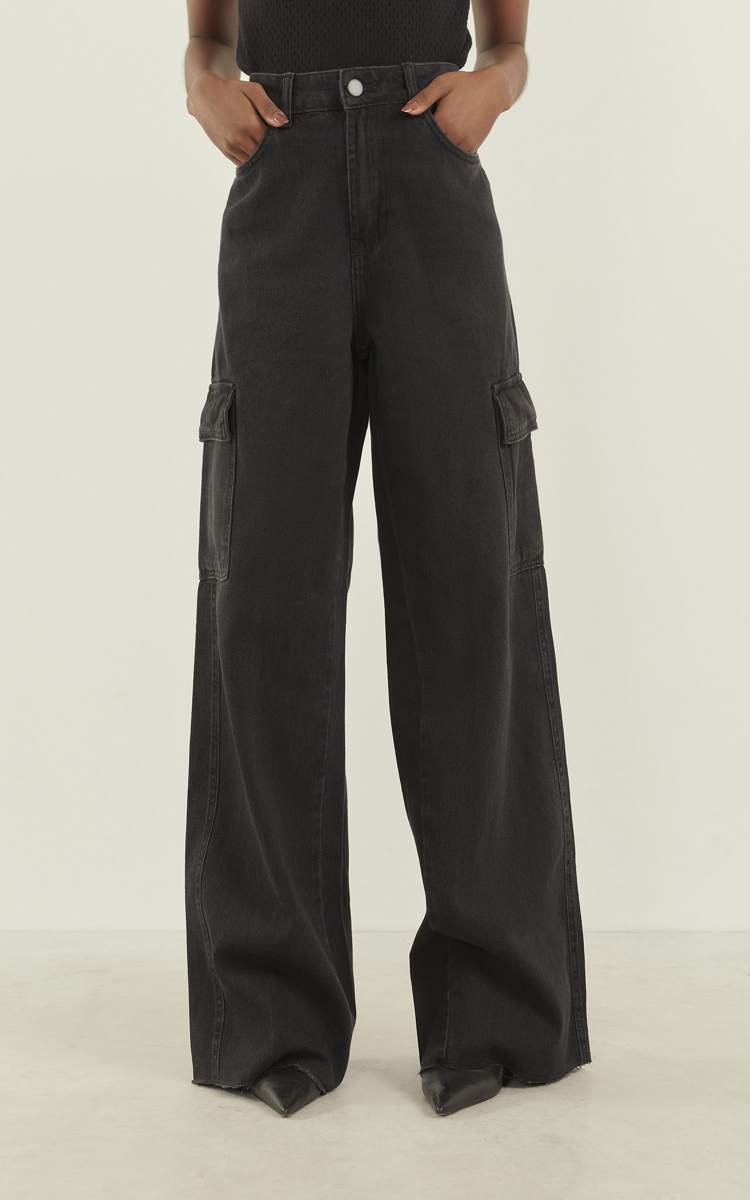 Calça Wide Leg Cargo Jeans Black