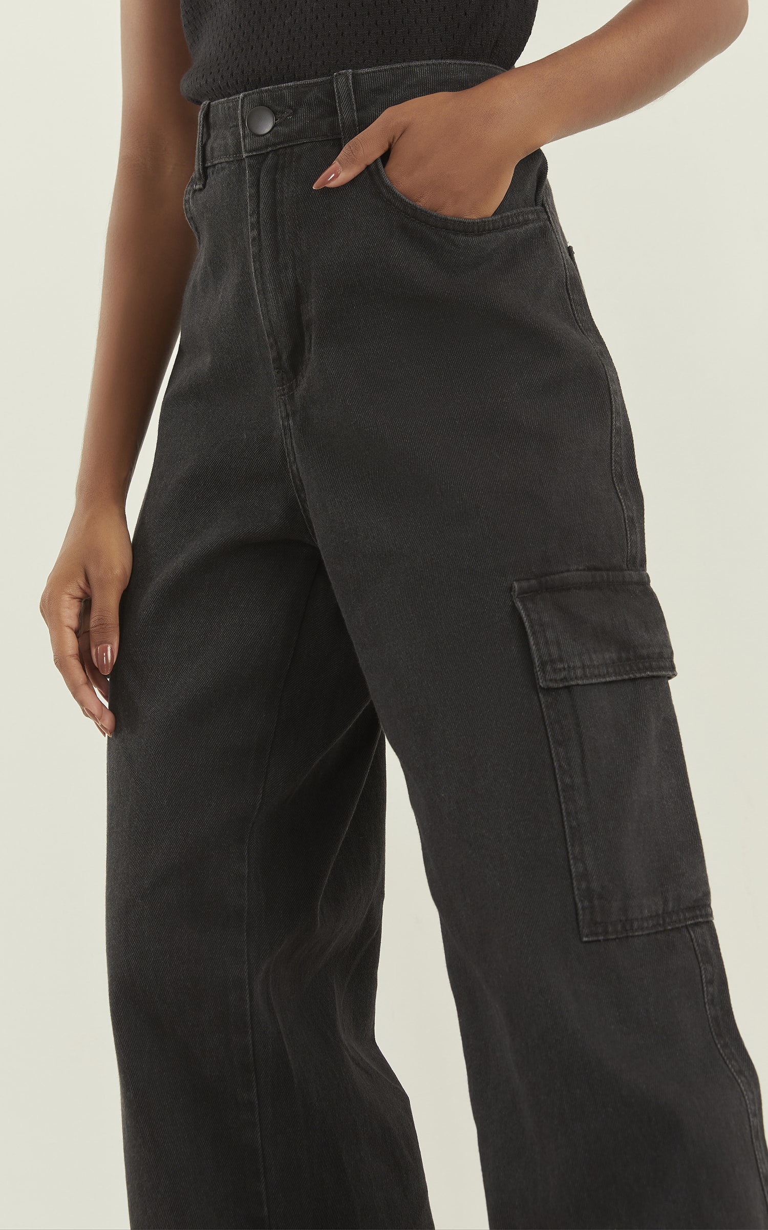 Calça Wide Leg Cargo Jeans Black