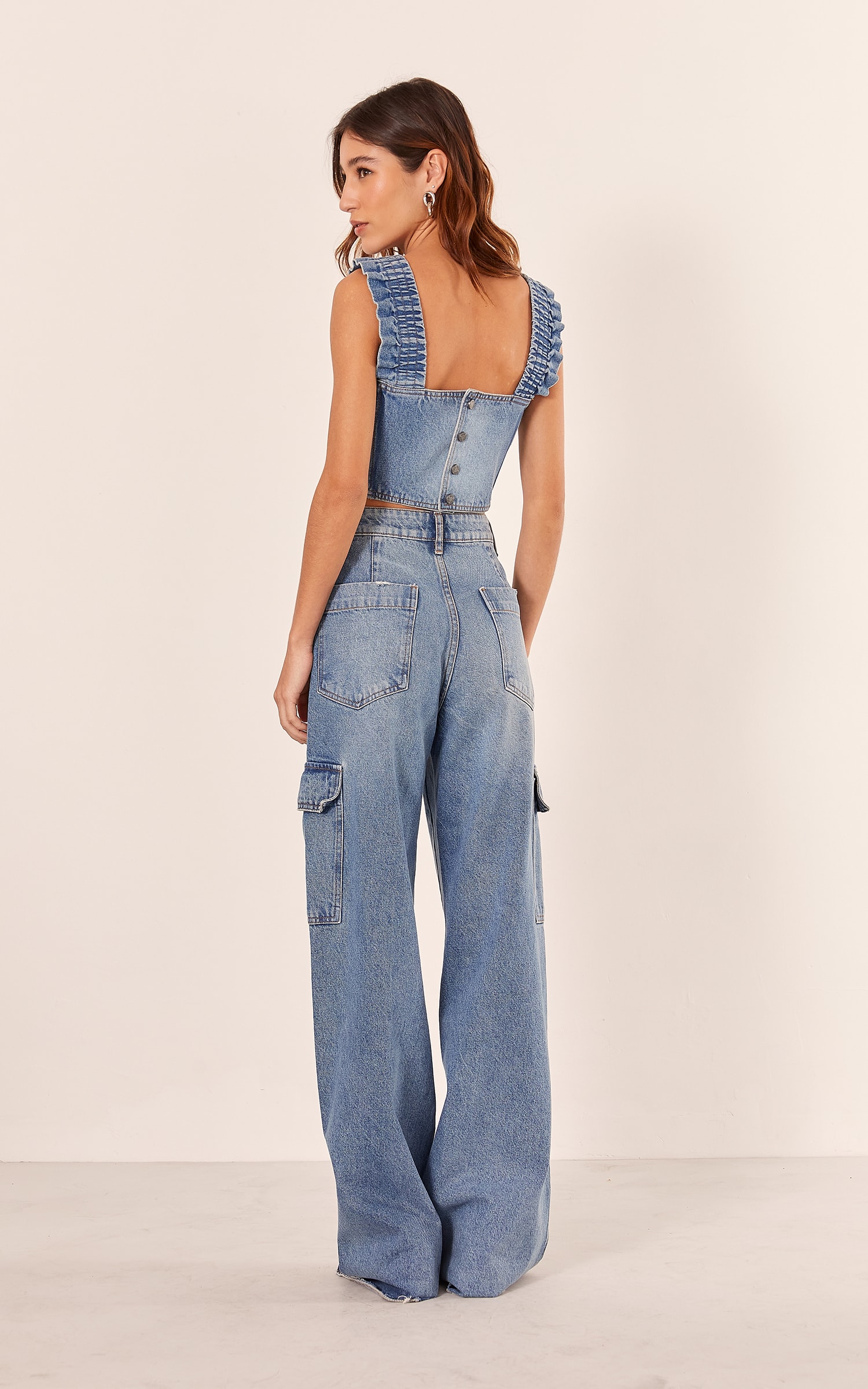 Calça Wide Leg Cargo Jeans Claro