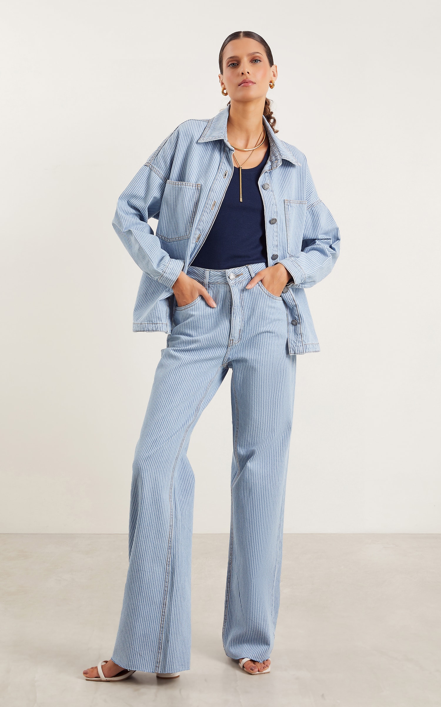 Calça Wide Leg Jeans Stripe Jeans Claro