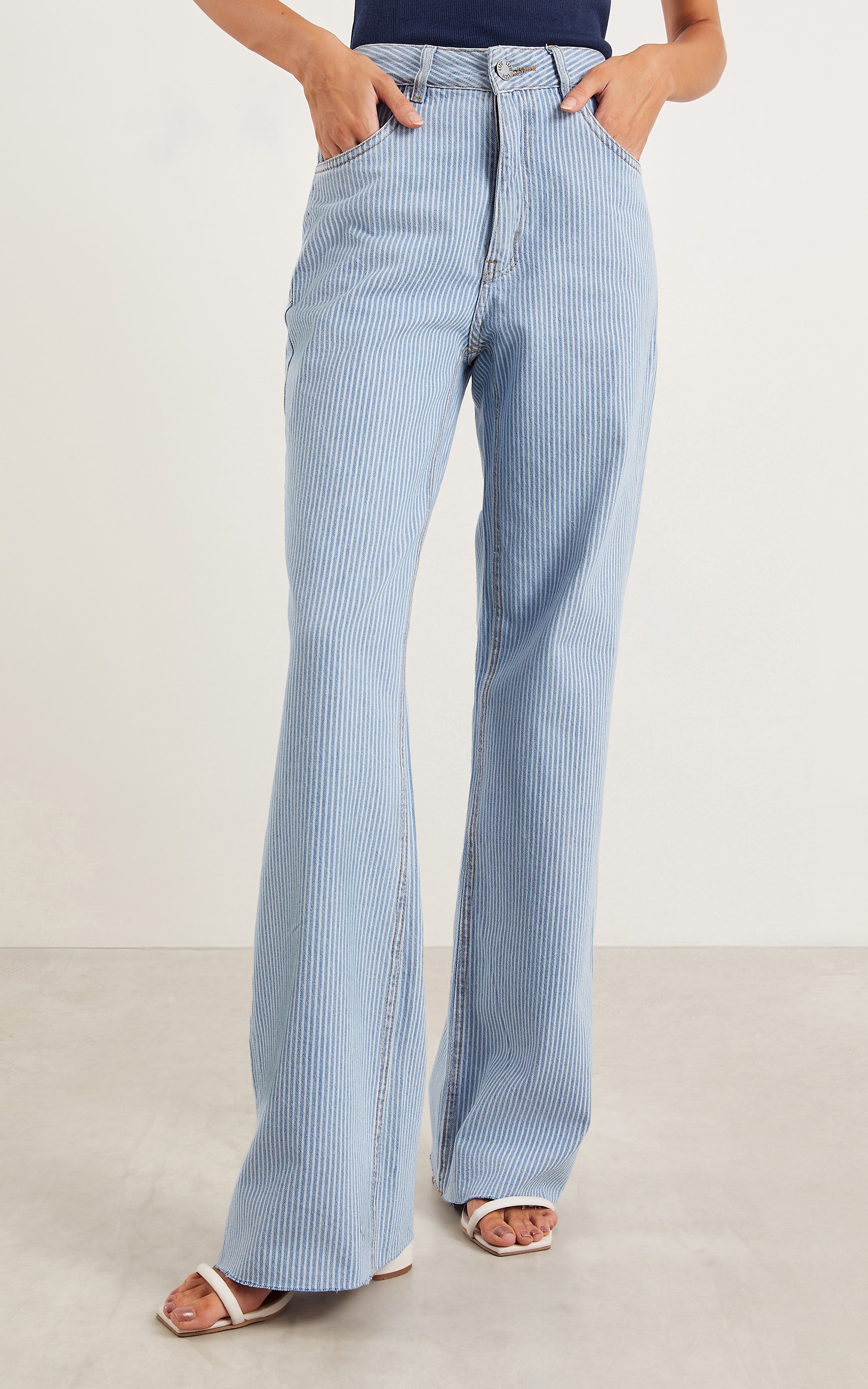Calça Wide Leg Jeans Stripe Jeans Claro