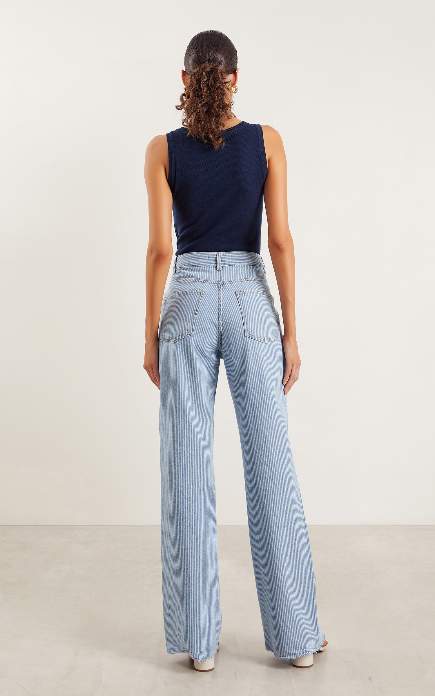 Calça Wide Leg Jeans Stripe Jeans Claro