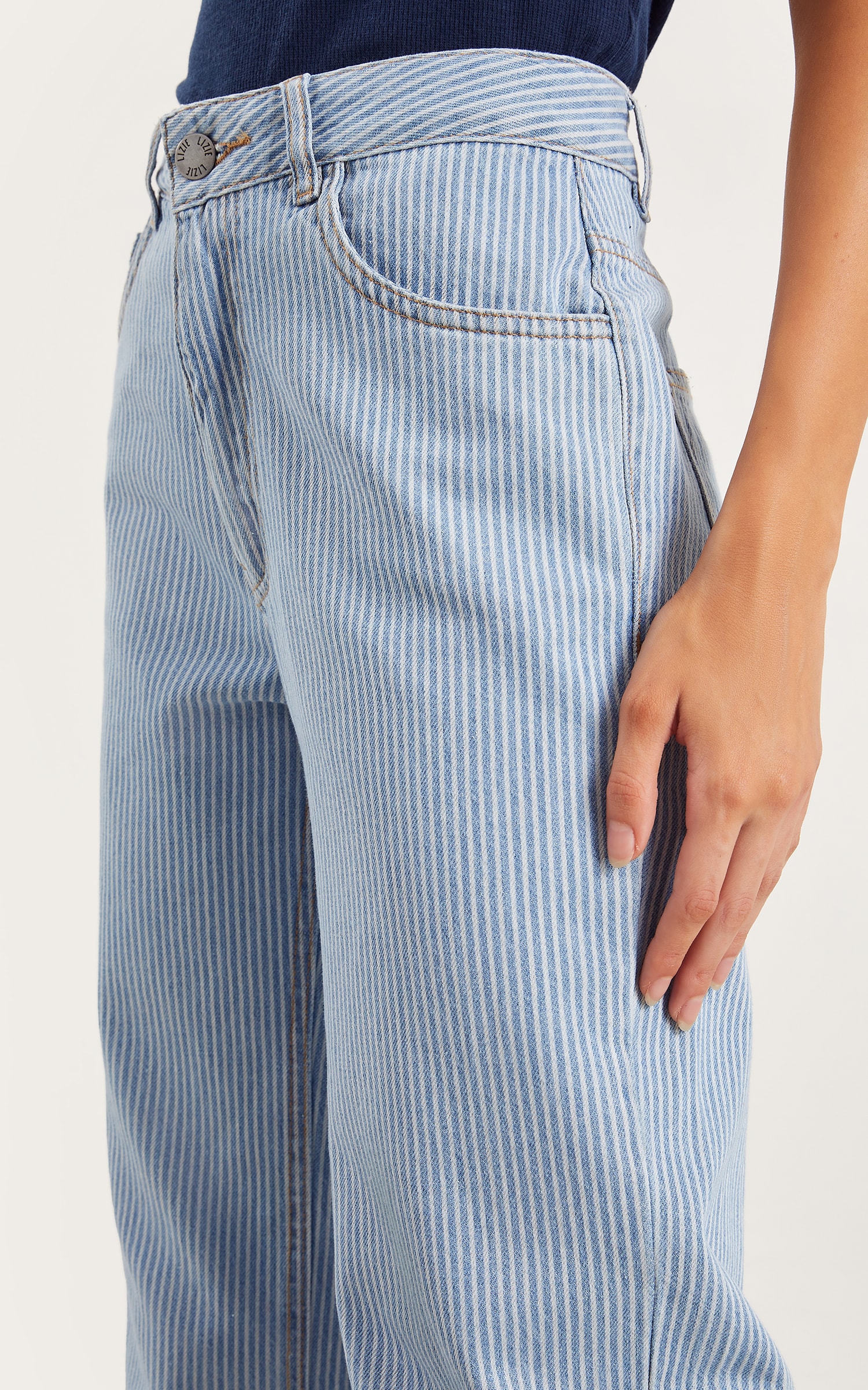 Calça Wide Leg Jeans Stripe Jeans Claro