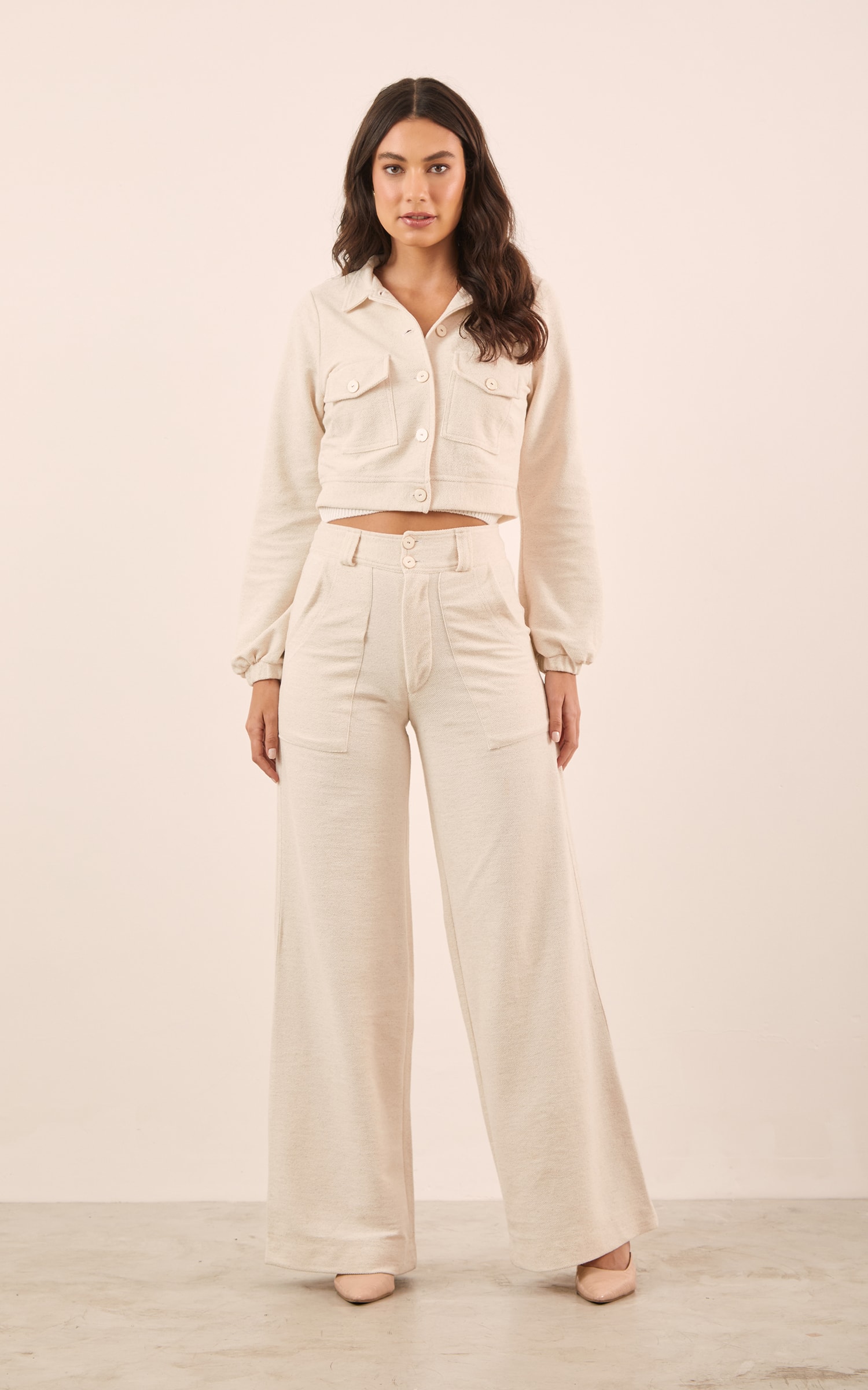 Calça Wide Leg Moletom Sarjado Natural