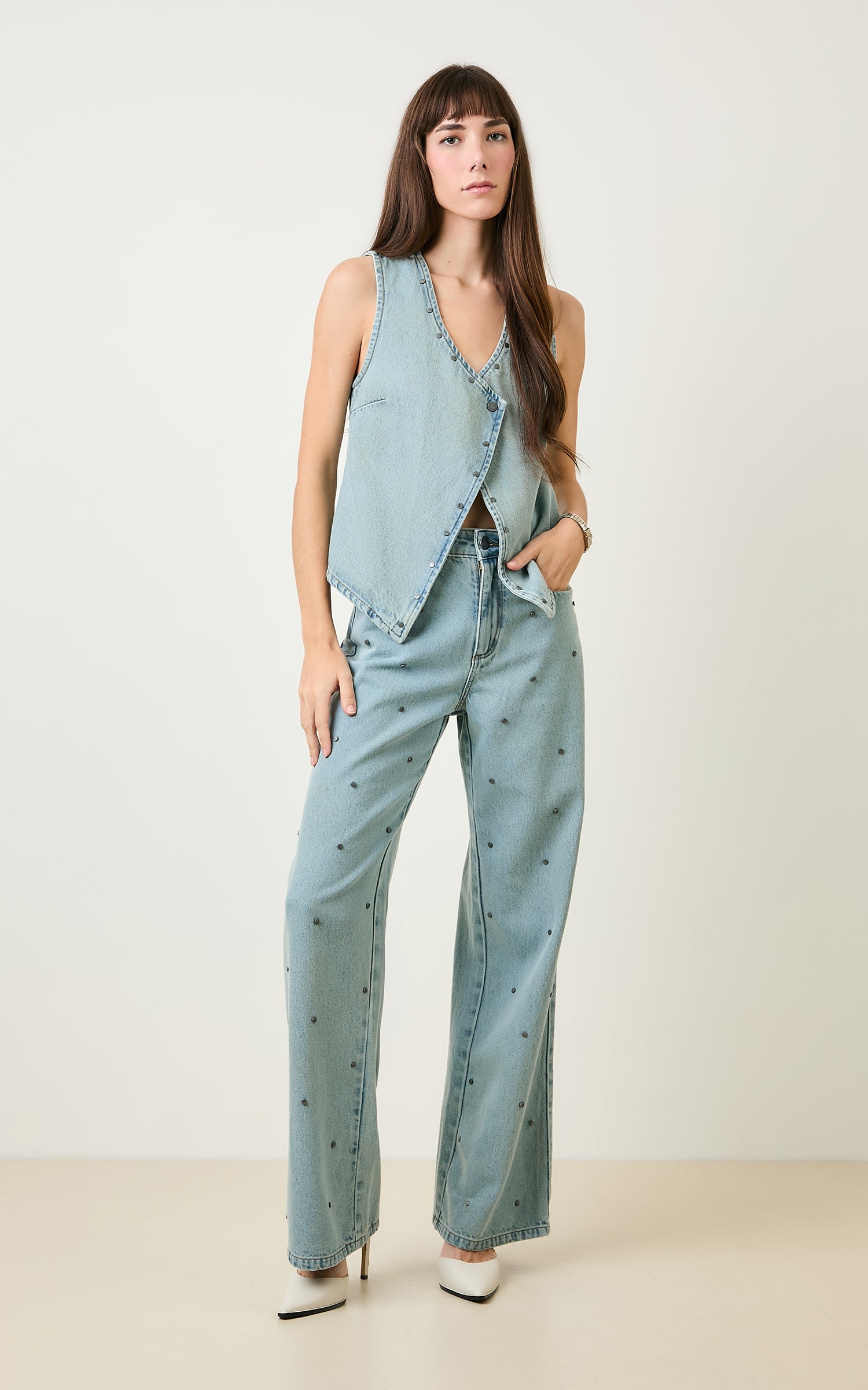 Calca Wide Leg Rebites Grey Jeans