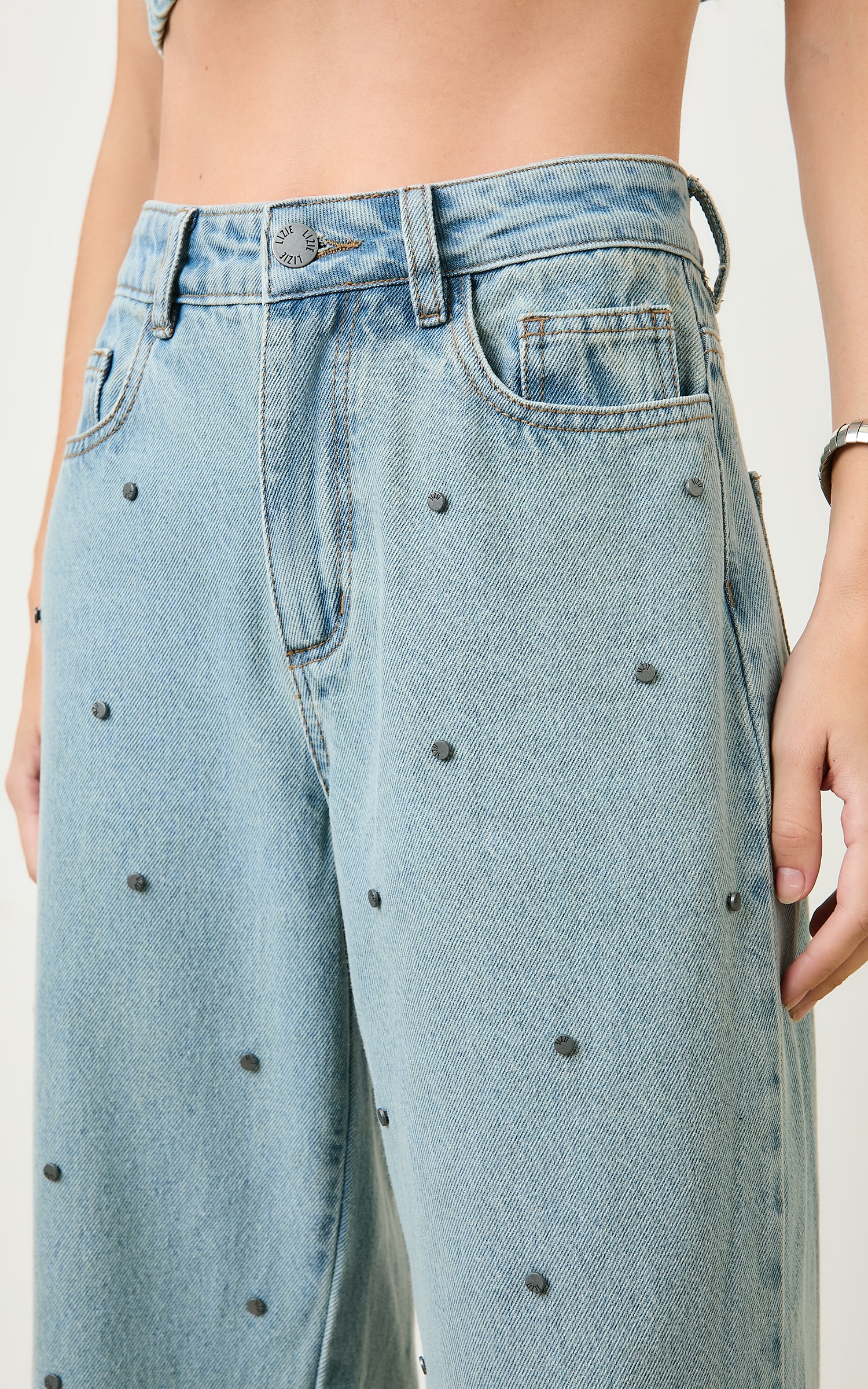 Calca Wide Leg Rebites Grey Jeans