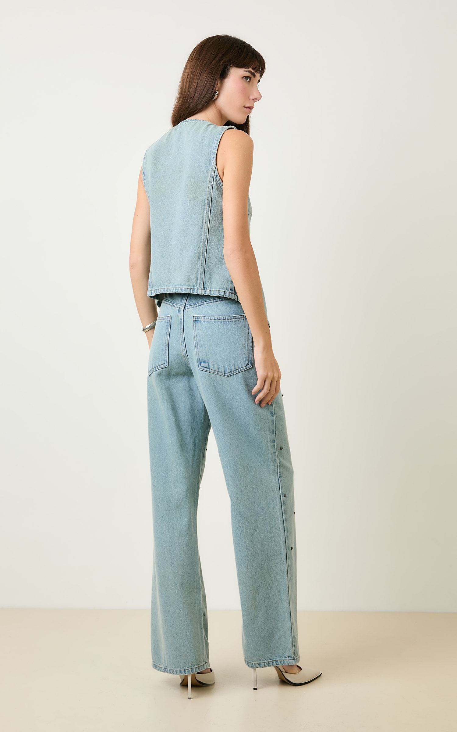 Calca Wide Leg Rebites Grey Jeans