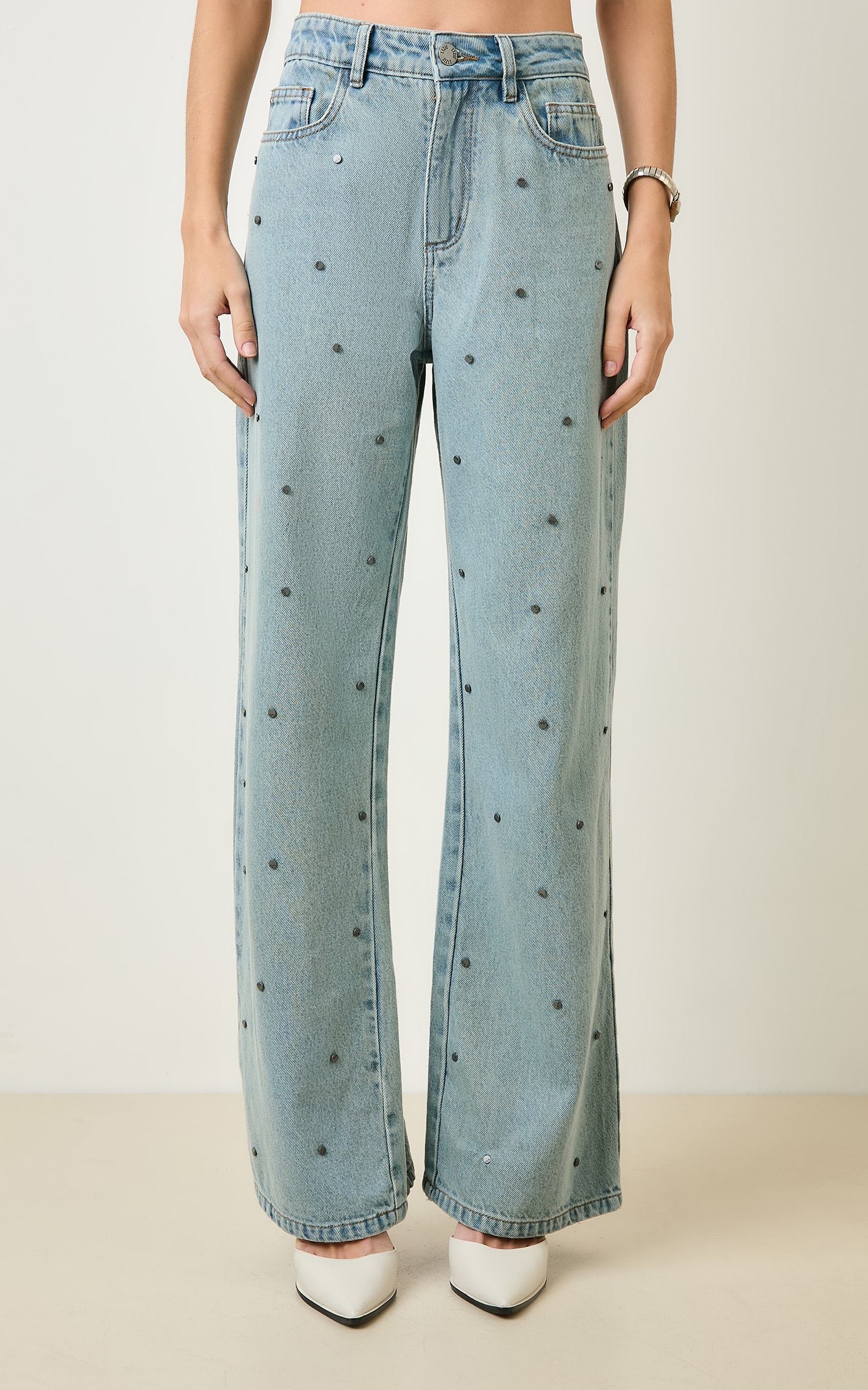 Calca Wide Leg Rebites Grey Jeans