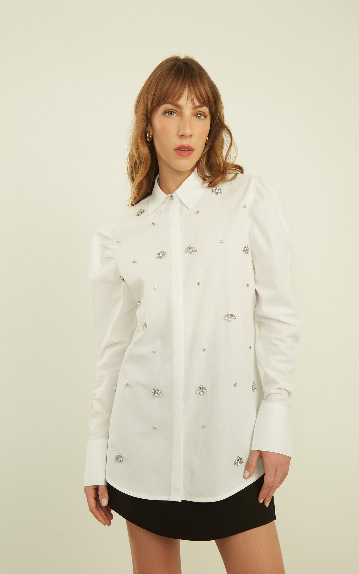Camisa Bordada Manga Bufante Off White
