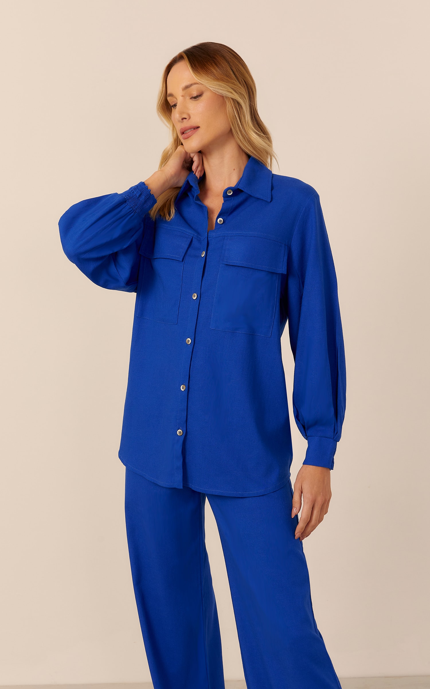 Camisa Caminhos Manga Bufante Azul Royal