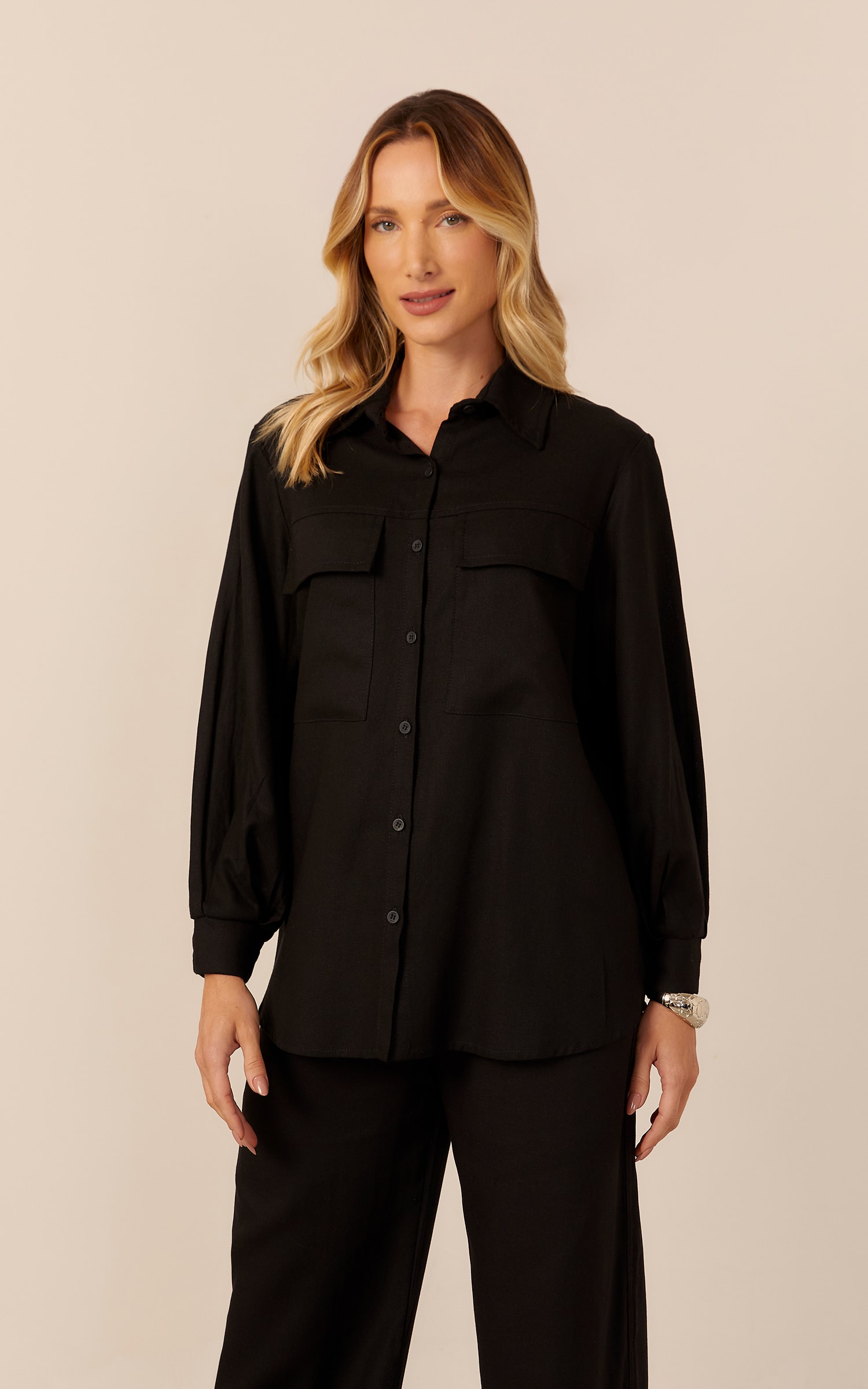 Camisa Caminhos Manga Bufante Preto