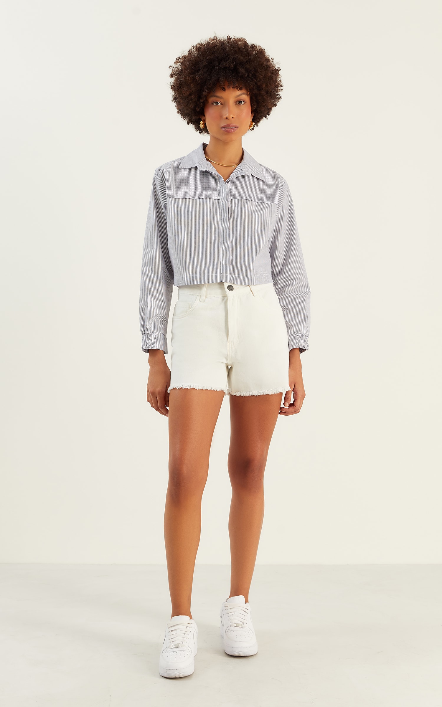 Camisa Cropped Listras Marinho/Off