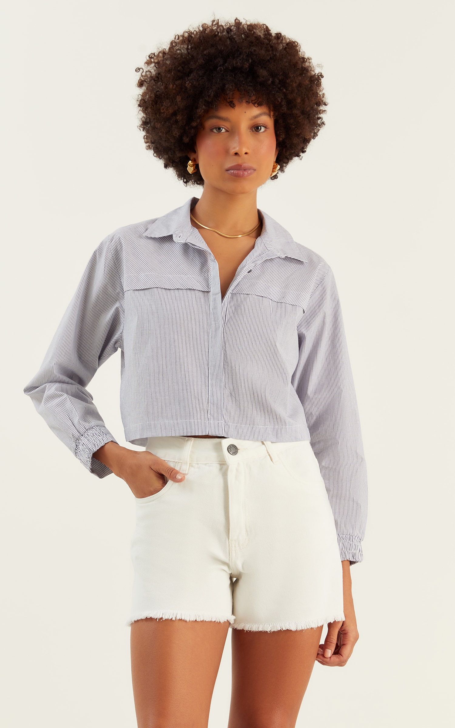 Camisa Cropped Listras Marinho/Off