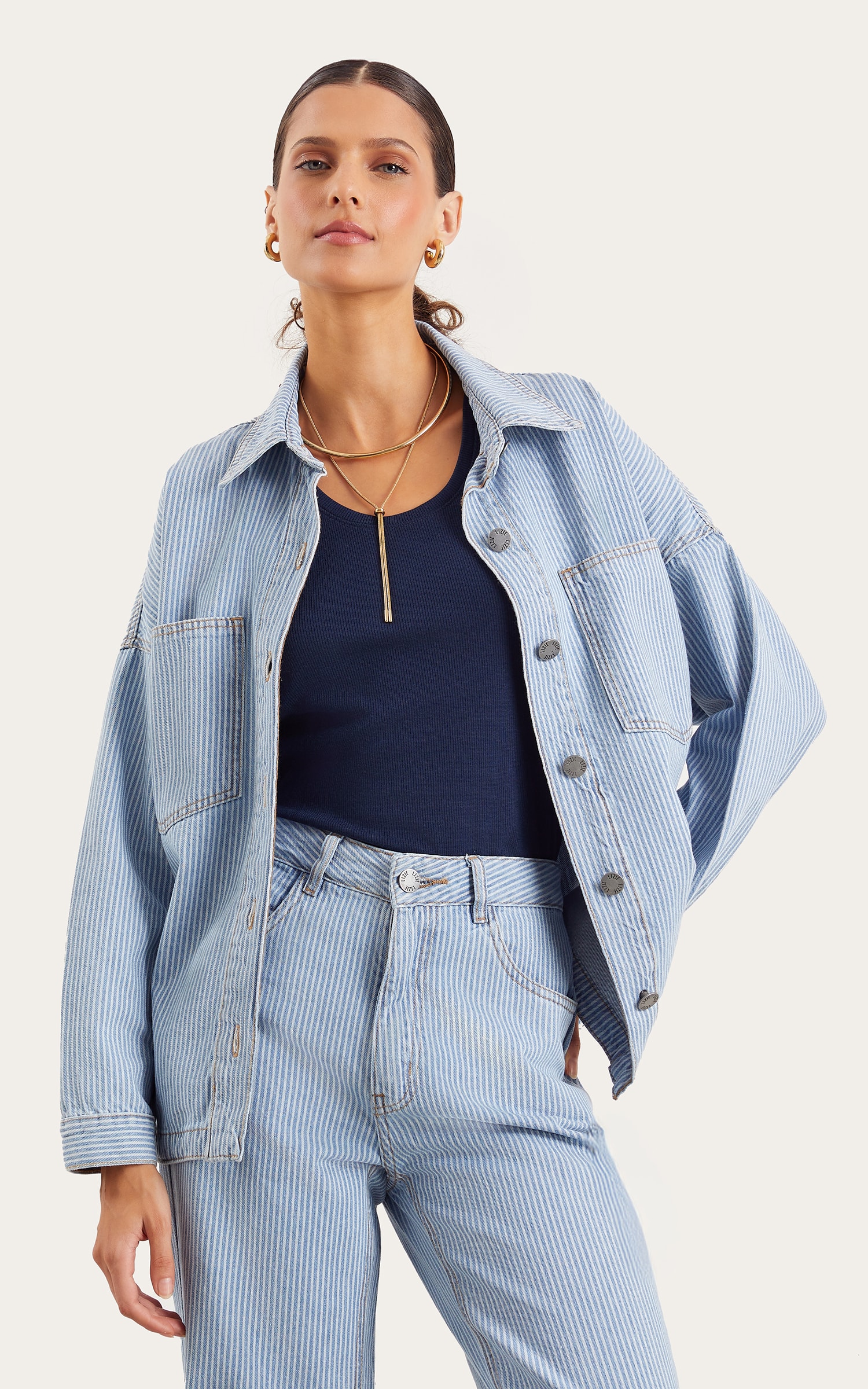 Camisa Jeans Oversized Stripe Jeans Claro