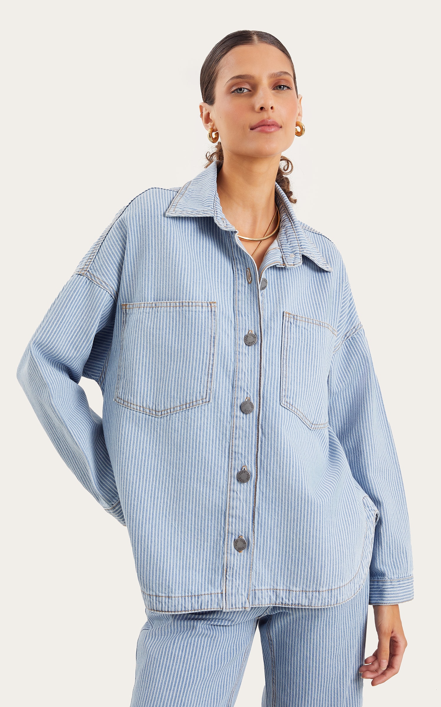 Camisa Jeans Oversized Stripe Jeans Claro