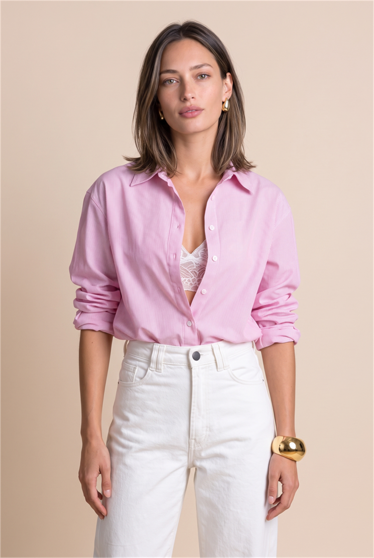 Camisa Listras Fio Tinto Baby Pink