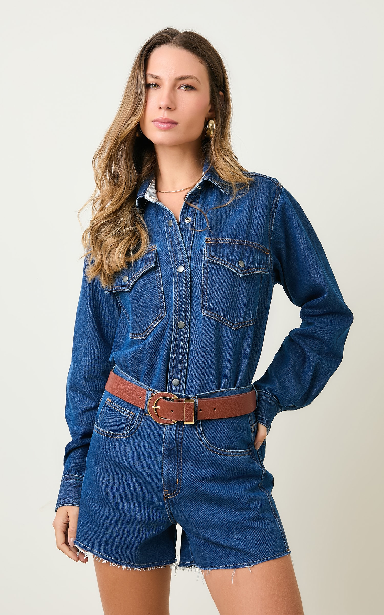 Camisa Over Jeans Jeans Escuro