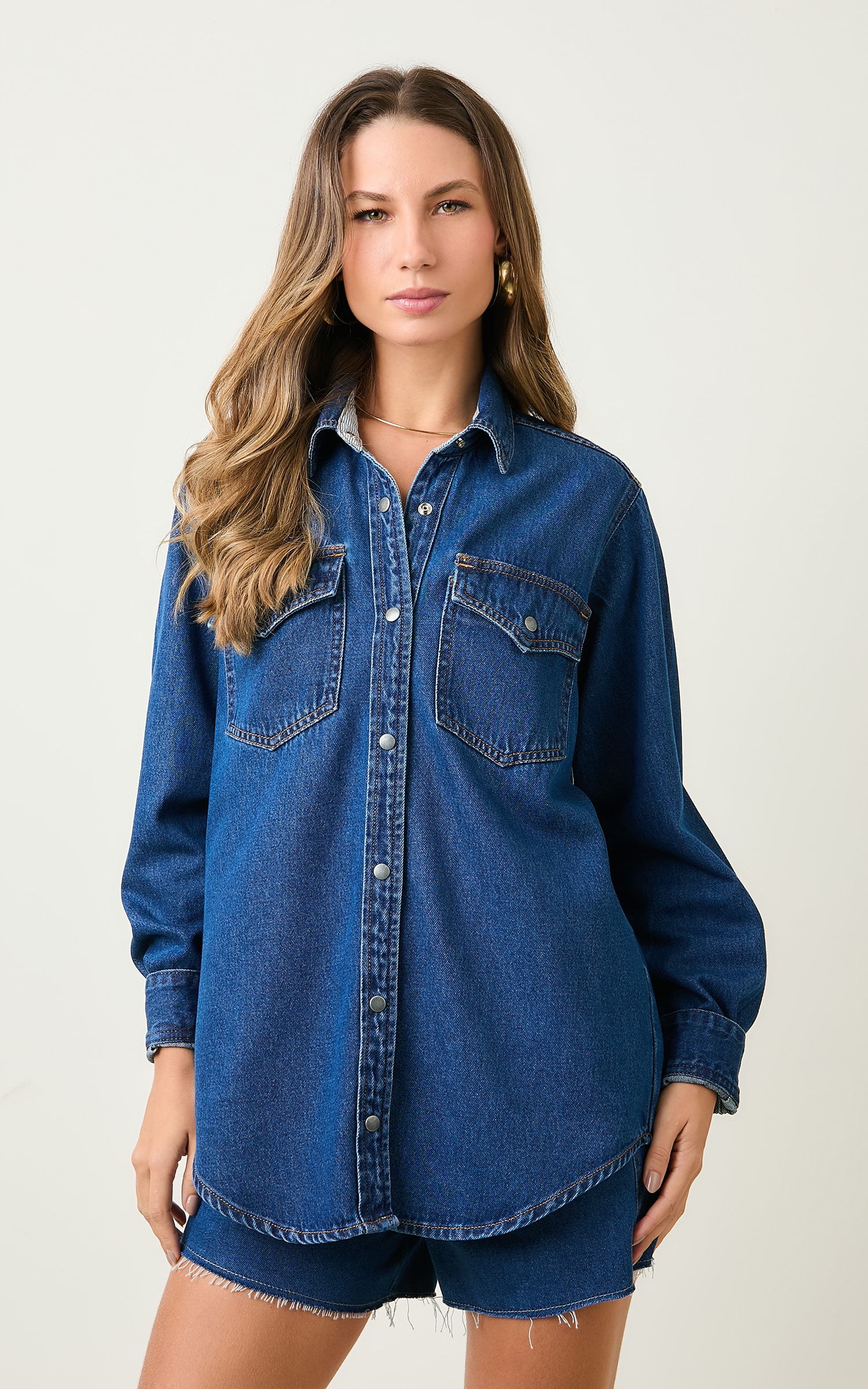 Camisa Over Jeans Jeans Escuro