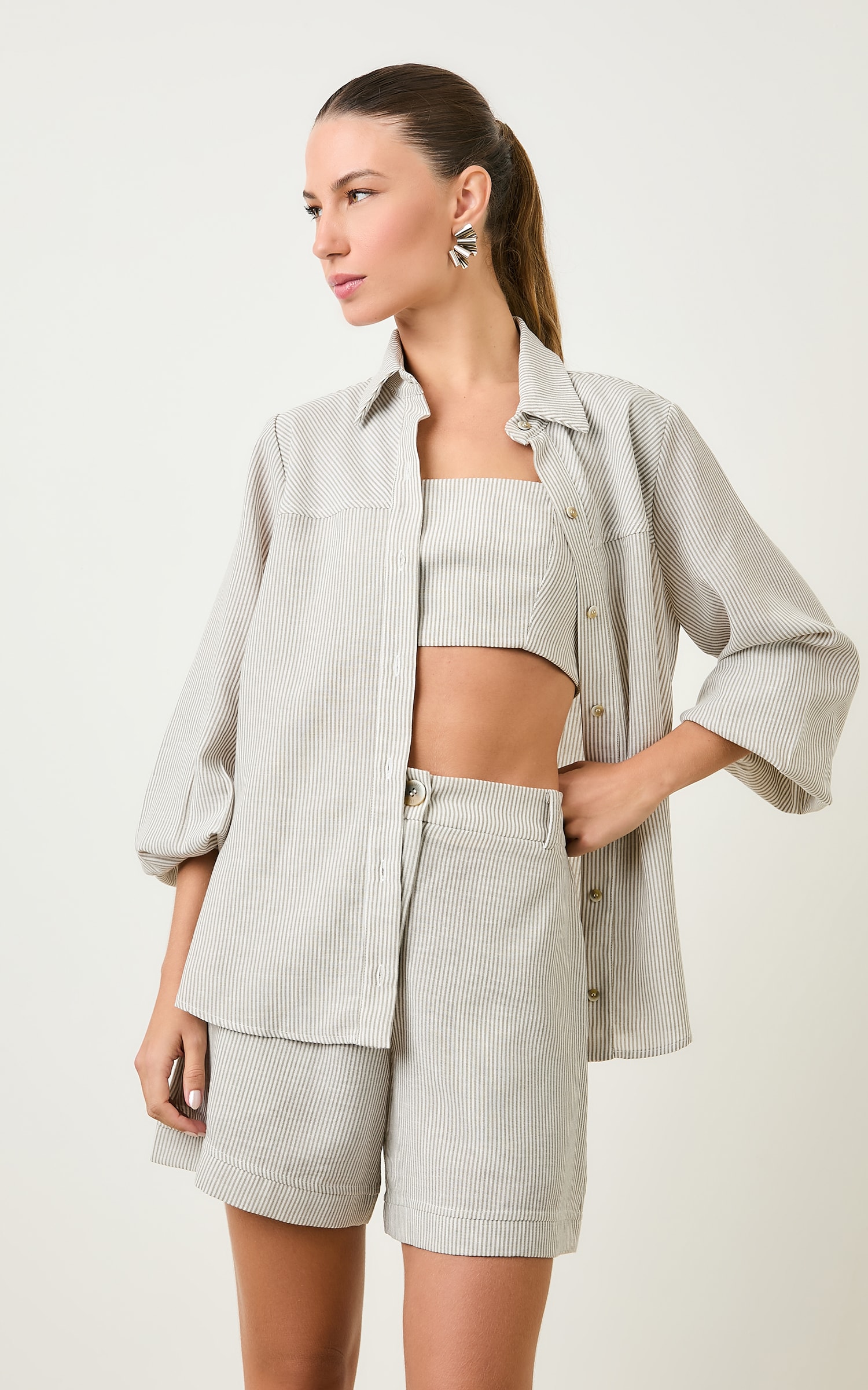 Camisa Oversized Listrada Athena Caqui