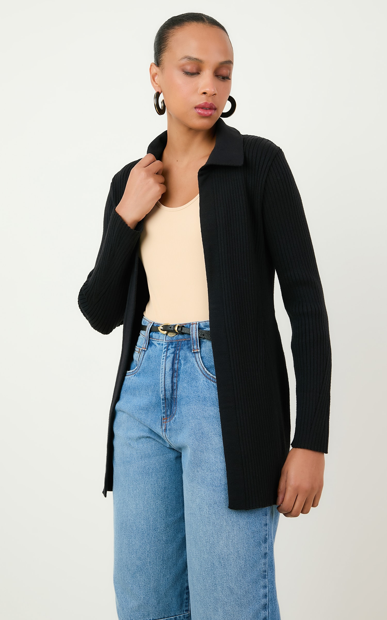 Cardigan Tricot Canelado Preto