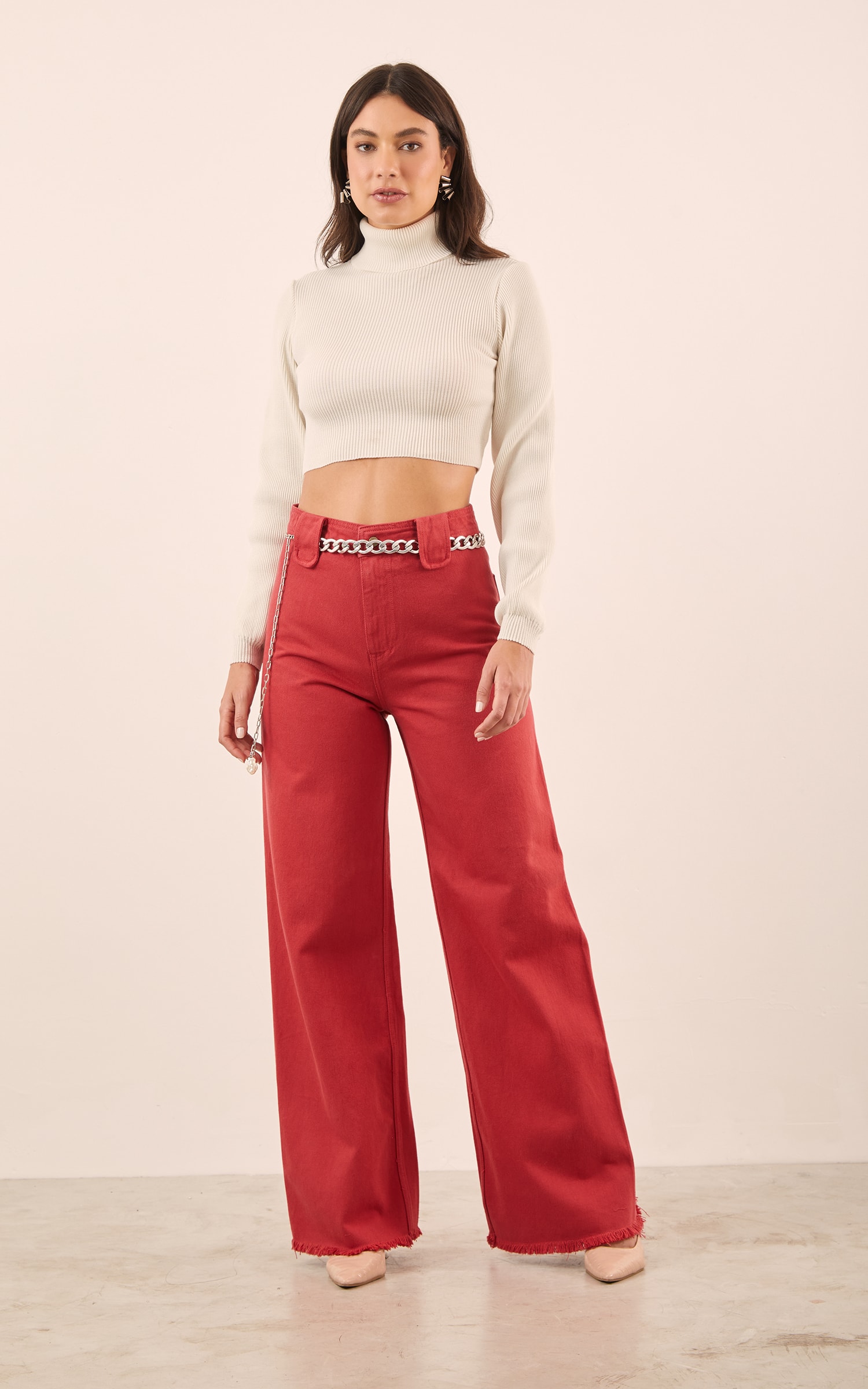 Casaco Cropped Gola Alta Manga Longa Off White