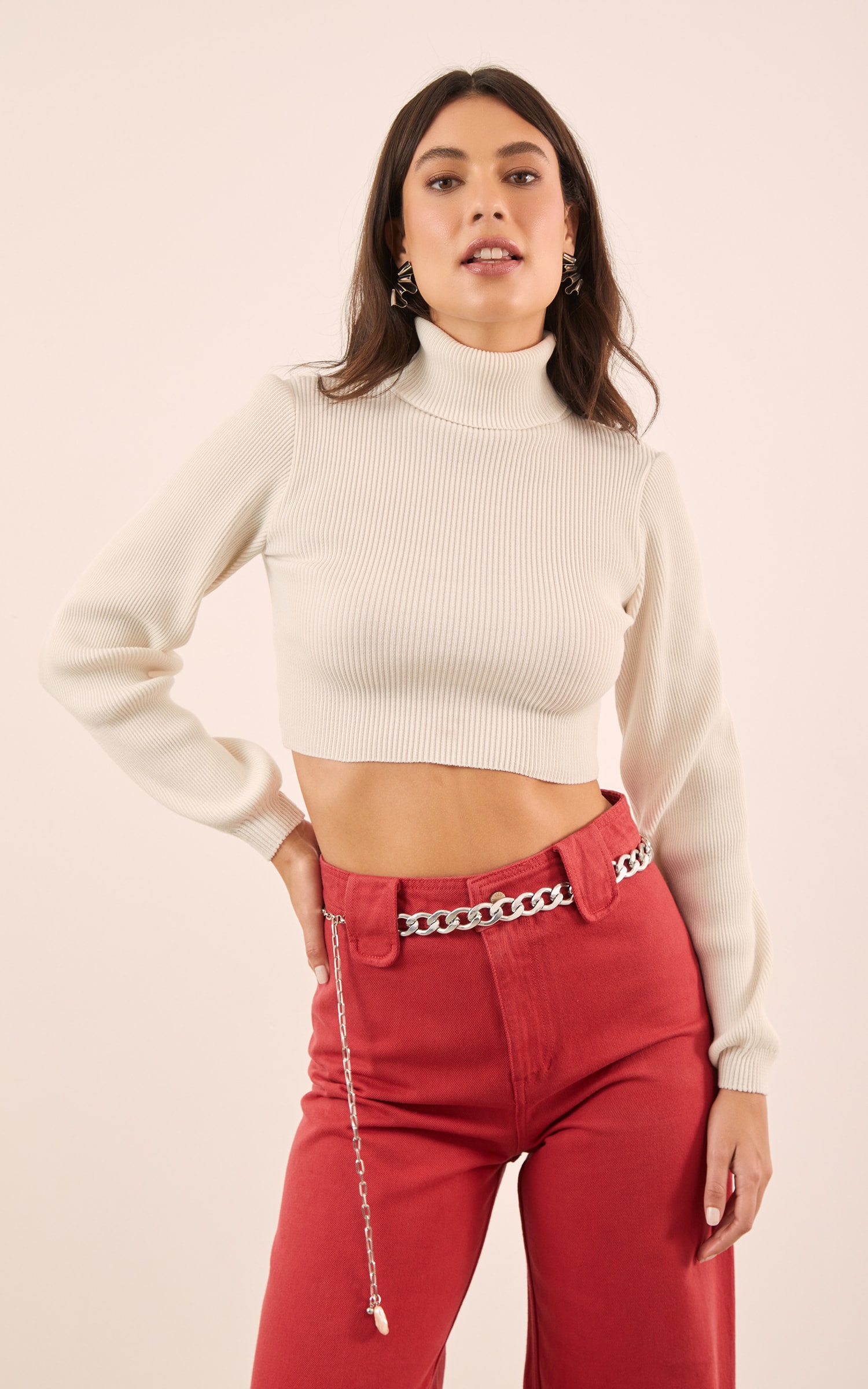Casaco Cropped Gola Alta Manga Longa Off White