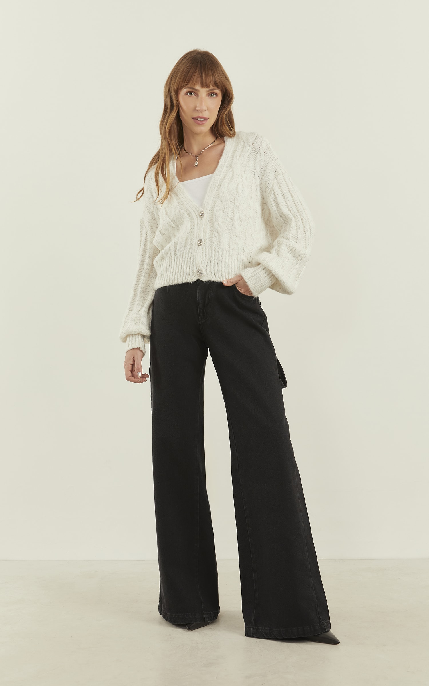 Casaco Tricot Botões Brilho Off White