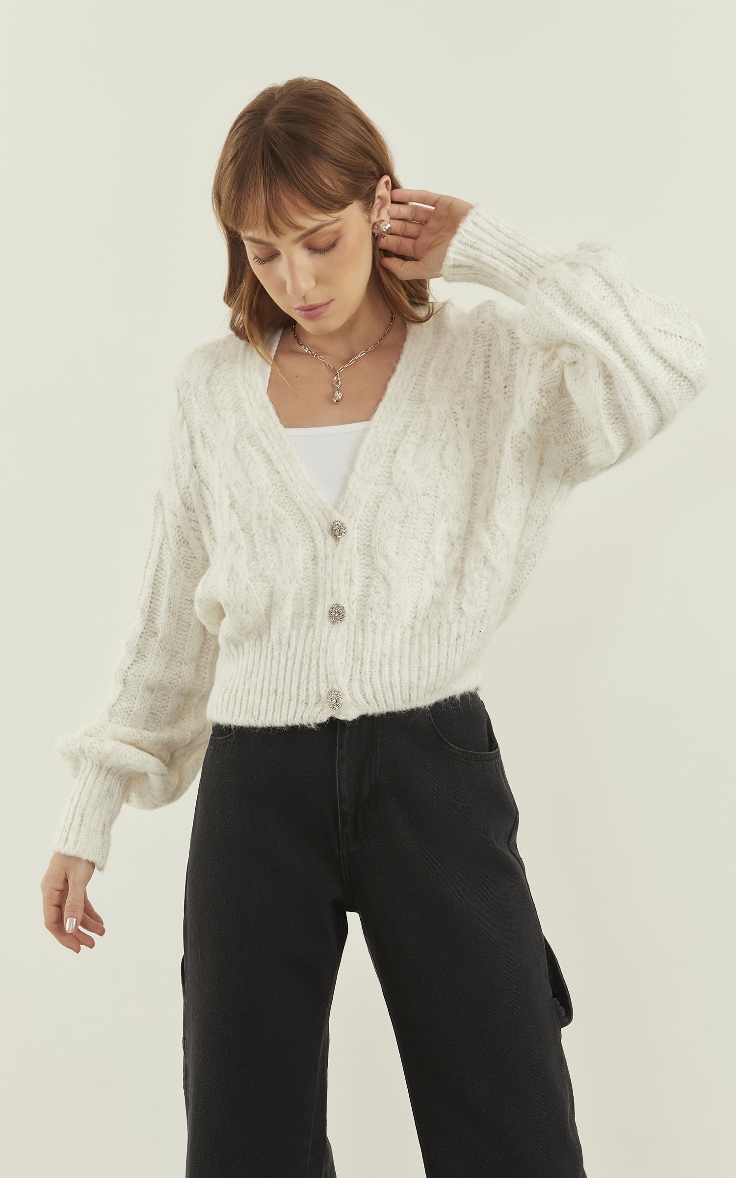 Casaco Tricot Botões Brilho Off White