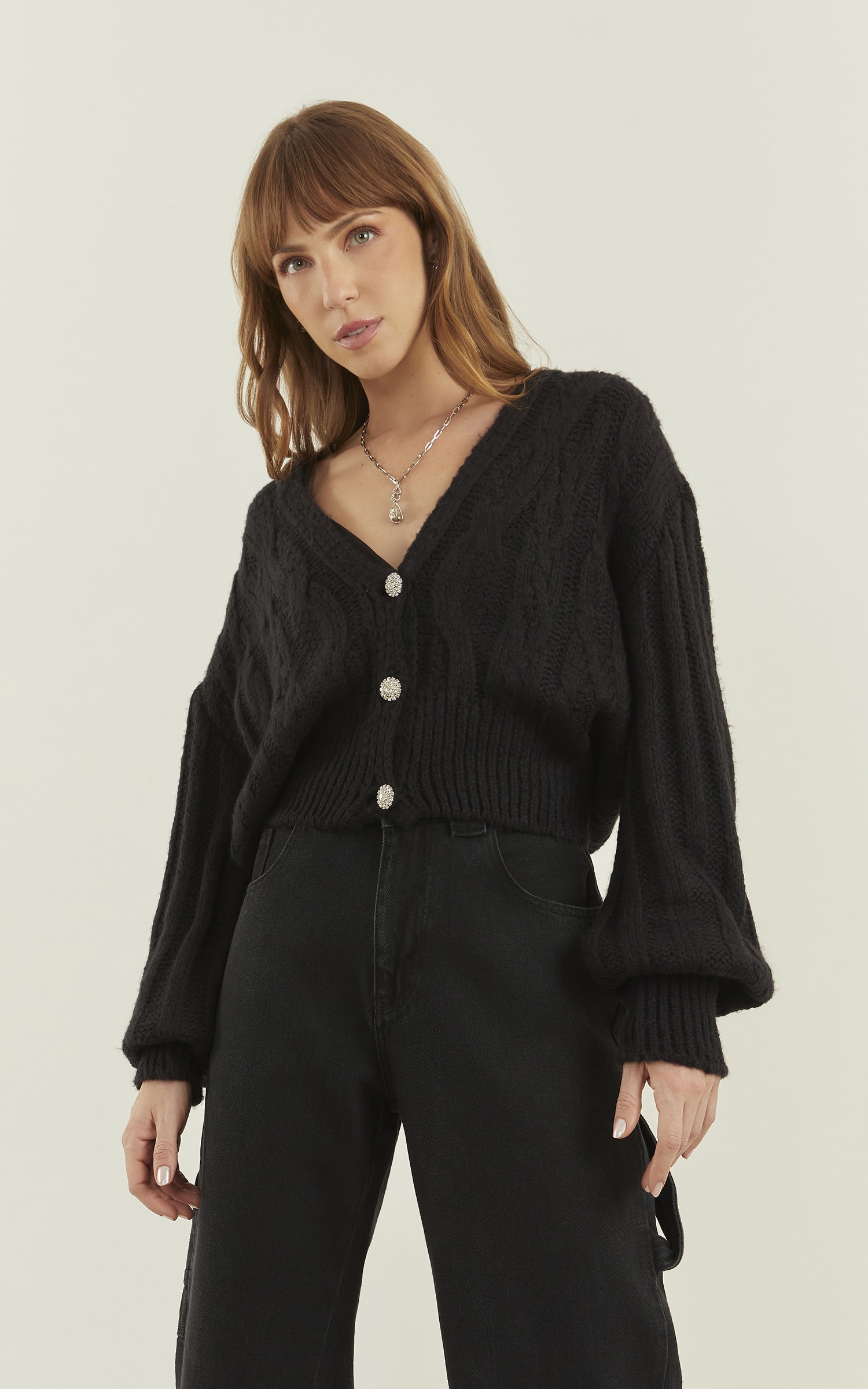 Casaco Tricot Botões Brilho Preto