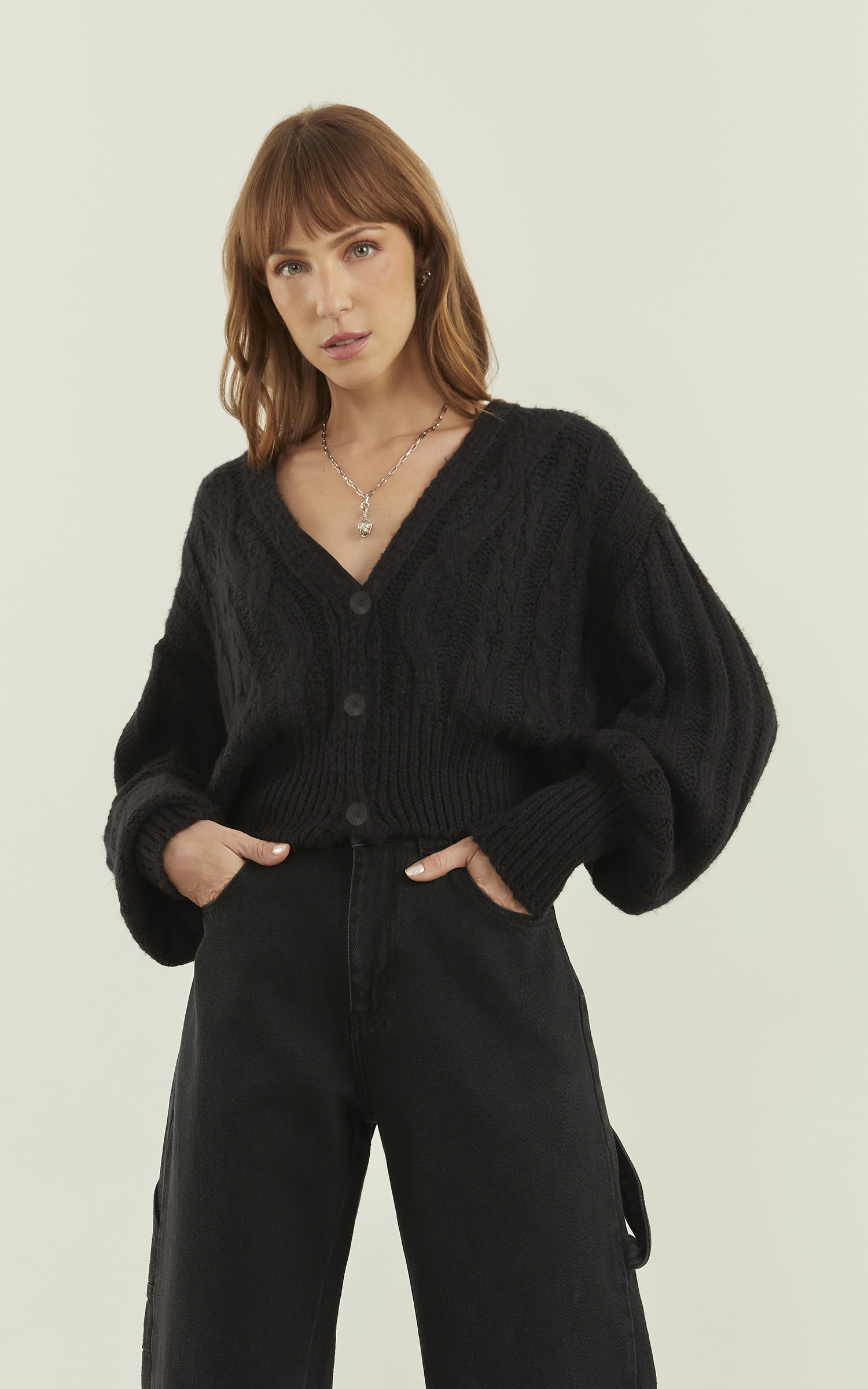 Casaco Tricot Botões Preto