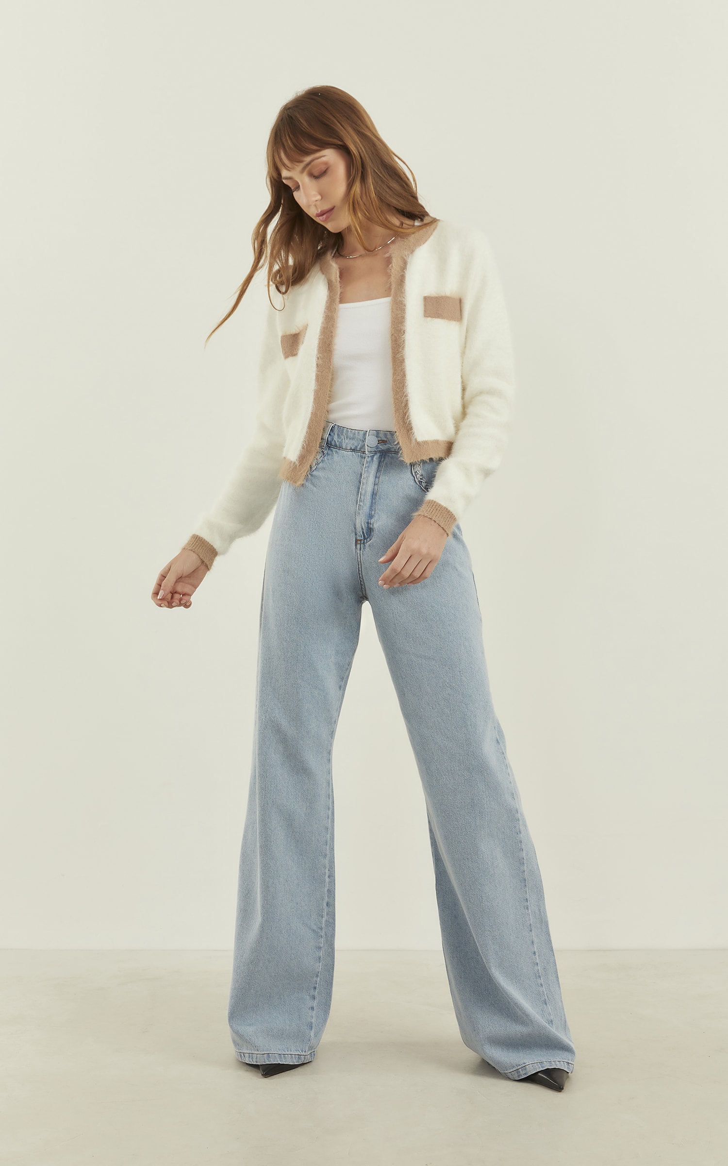 Casaco Tricot Moldura Pelinho Off White