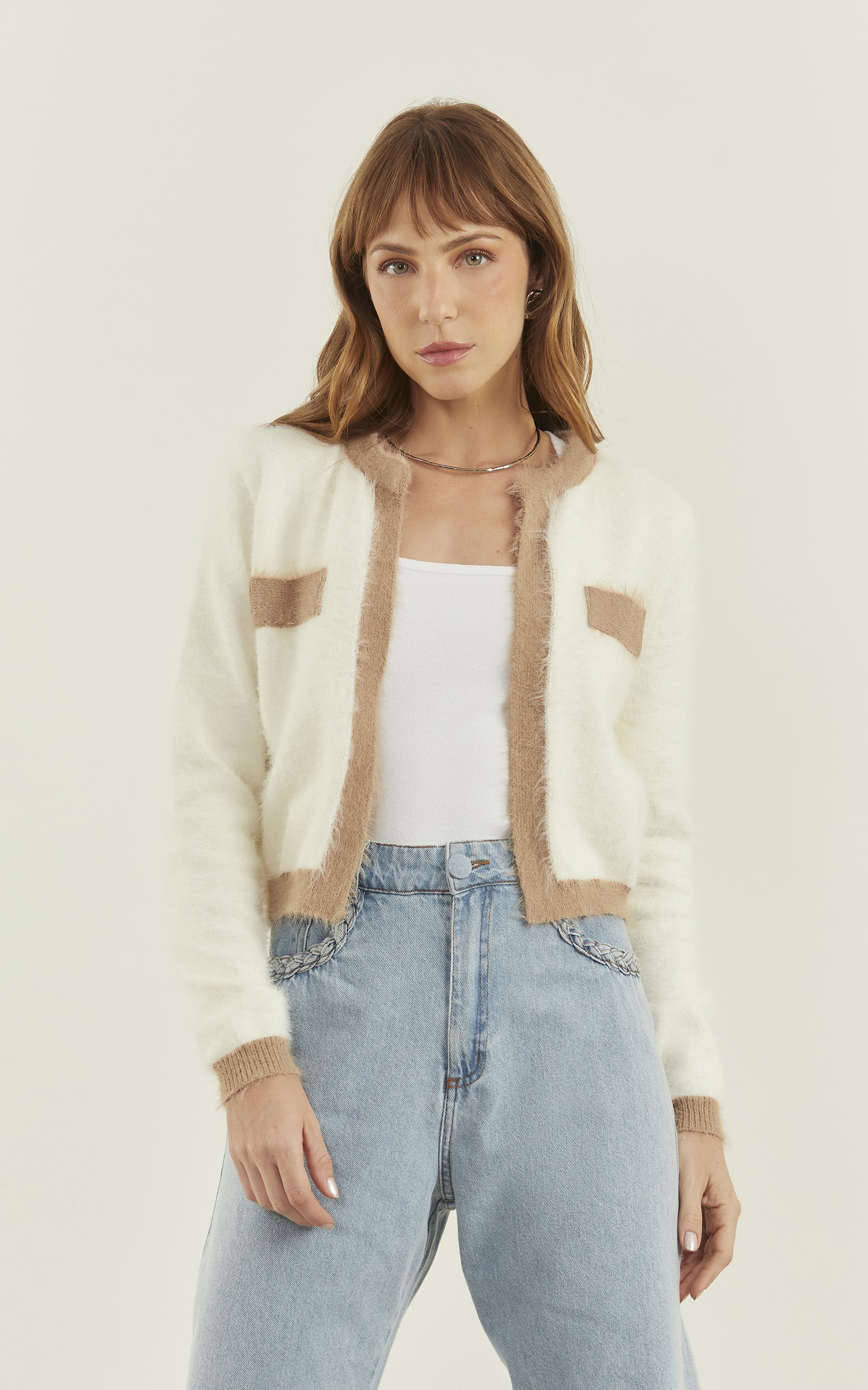 Casaco Tricot Moldura Pelinho Off White