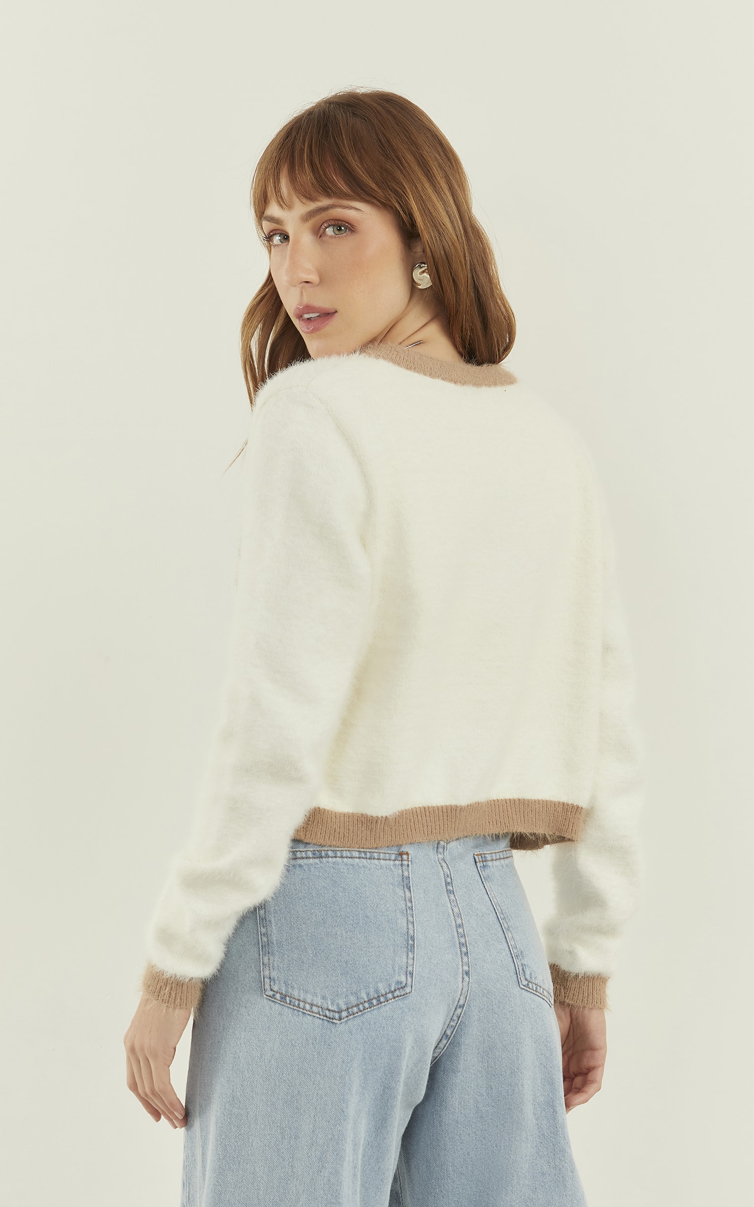 Casaco Tricot Moldura Pelinho Off White