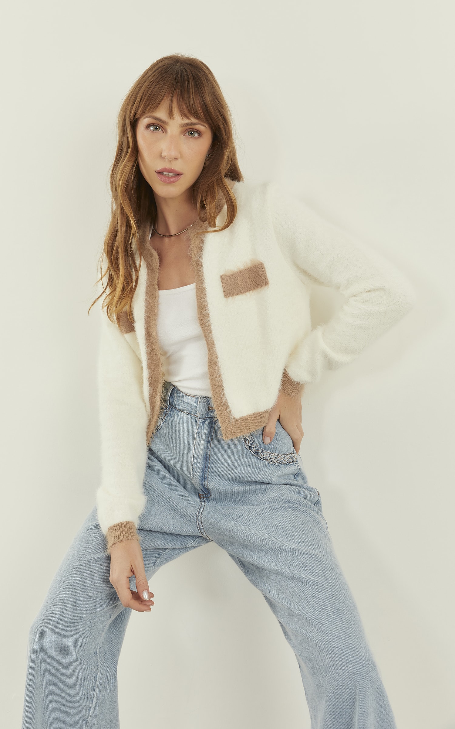 Casaco Tricot Moldura Pelinho Off White