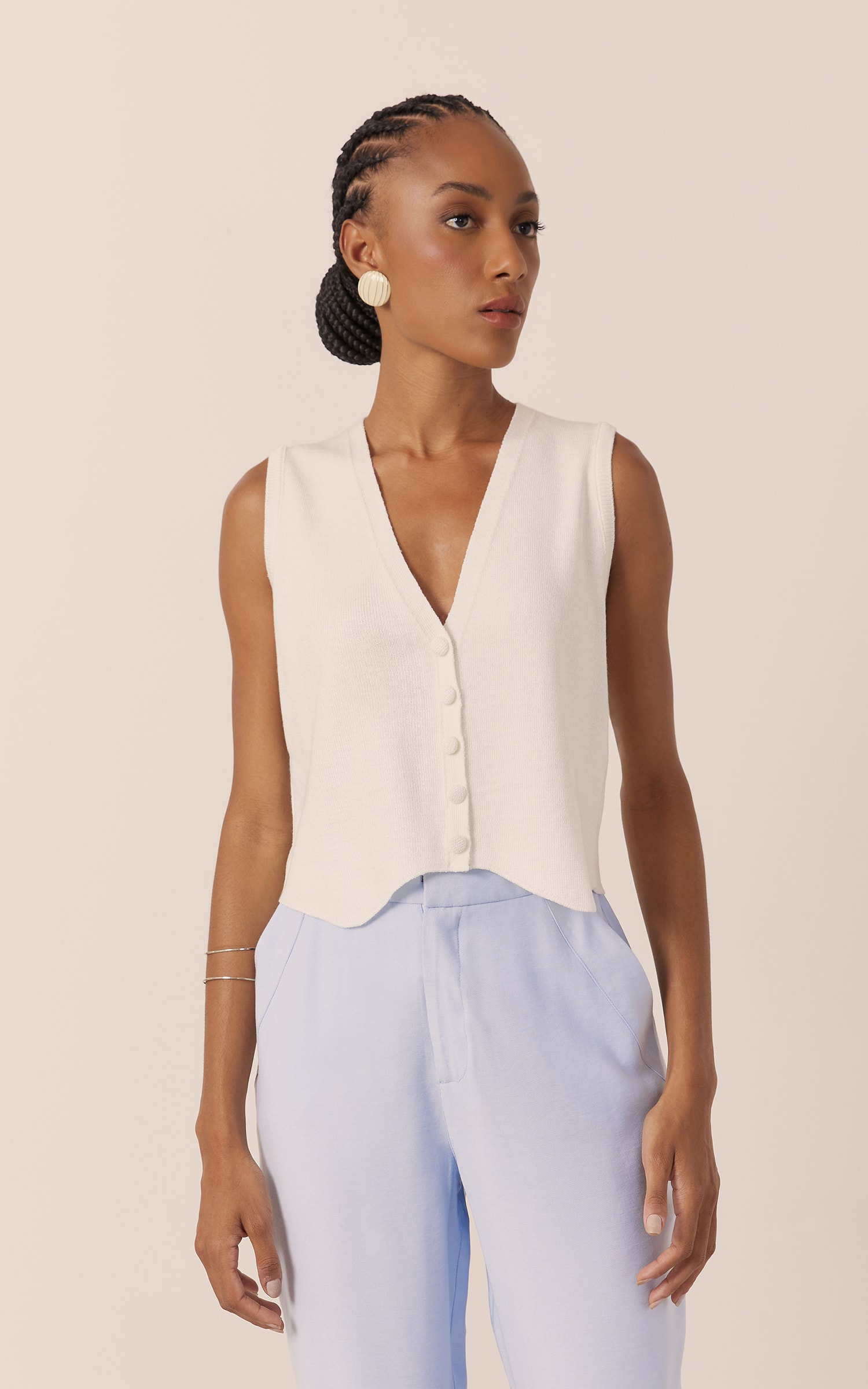 Colete Tricot Botão Forrado Off White
