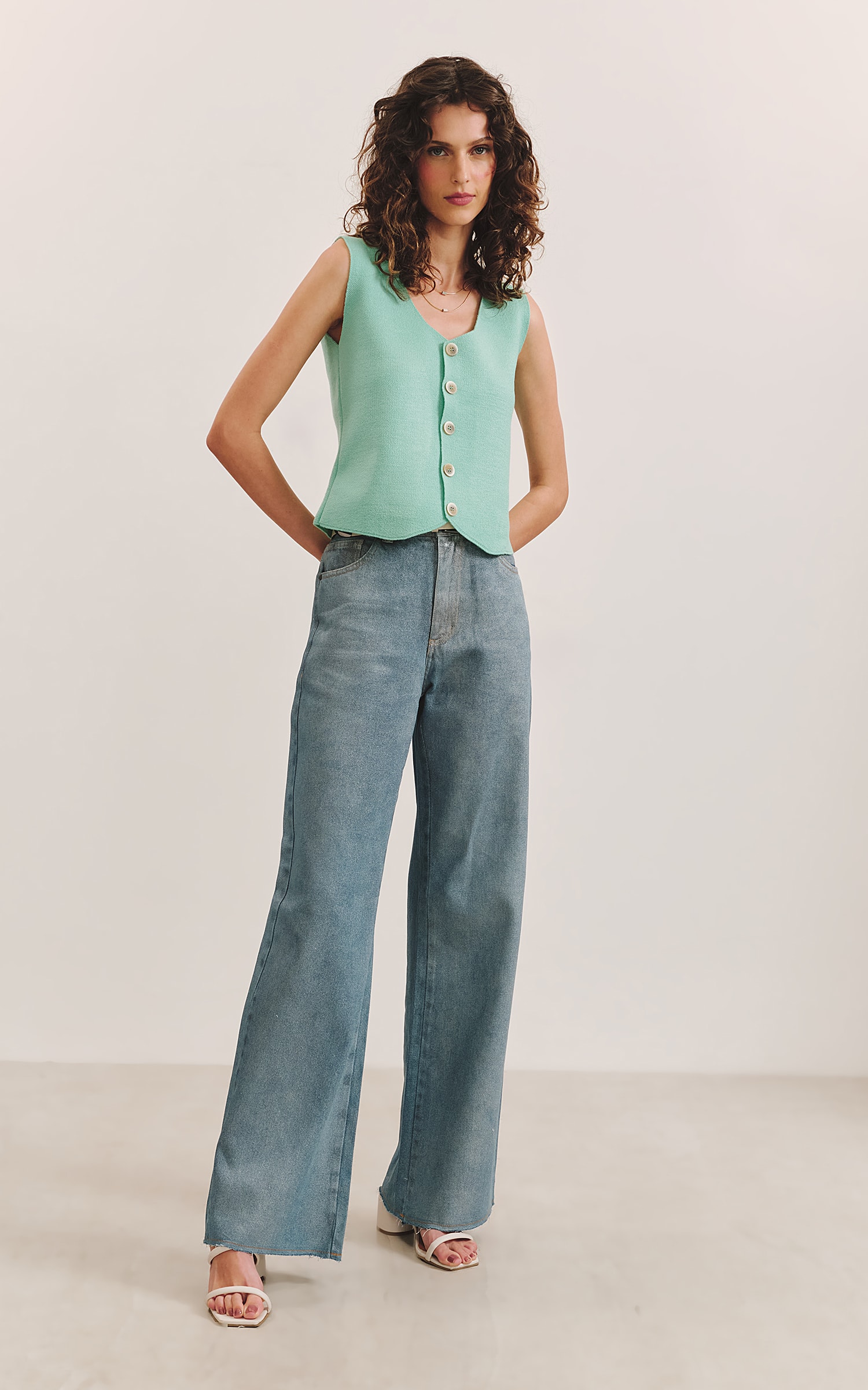 Colete Tricot Quadrado Verde Agua
