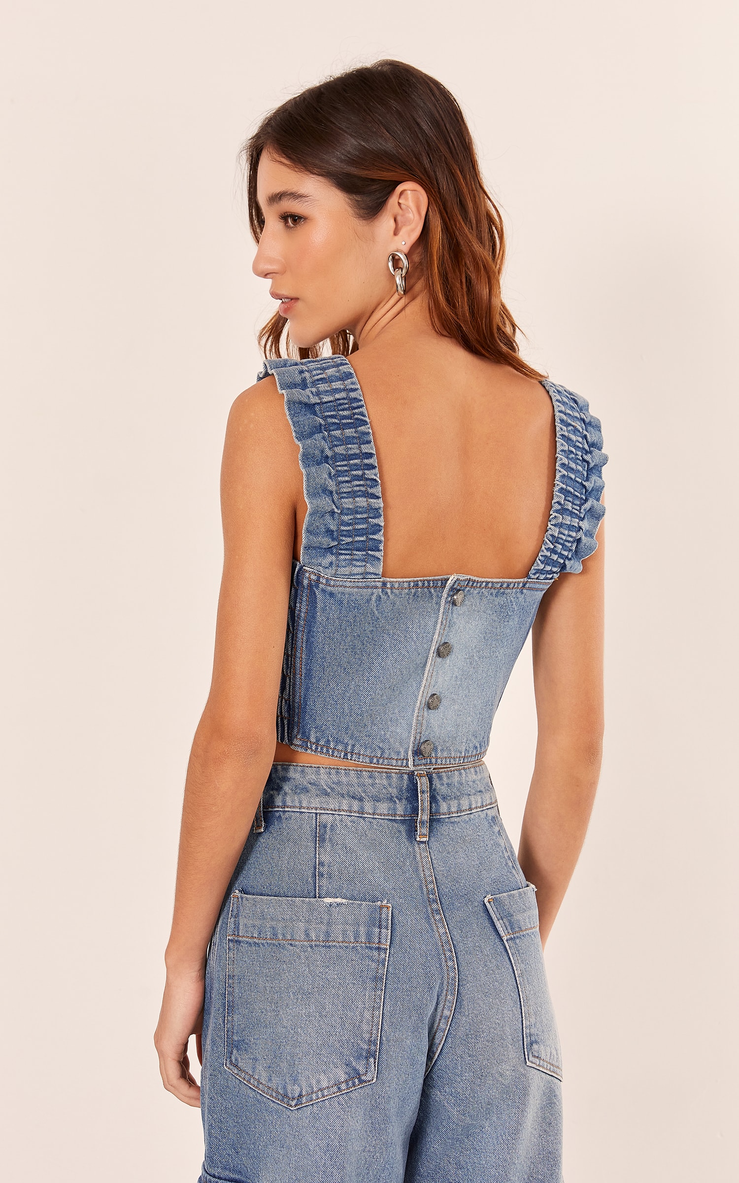 Cropped Alça Babados Jeans Claro
