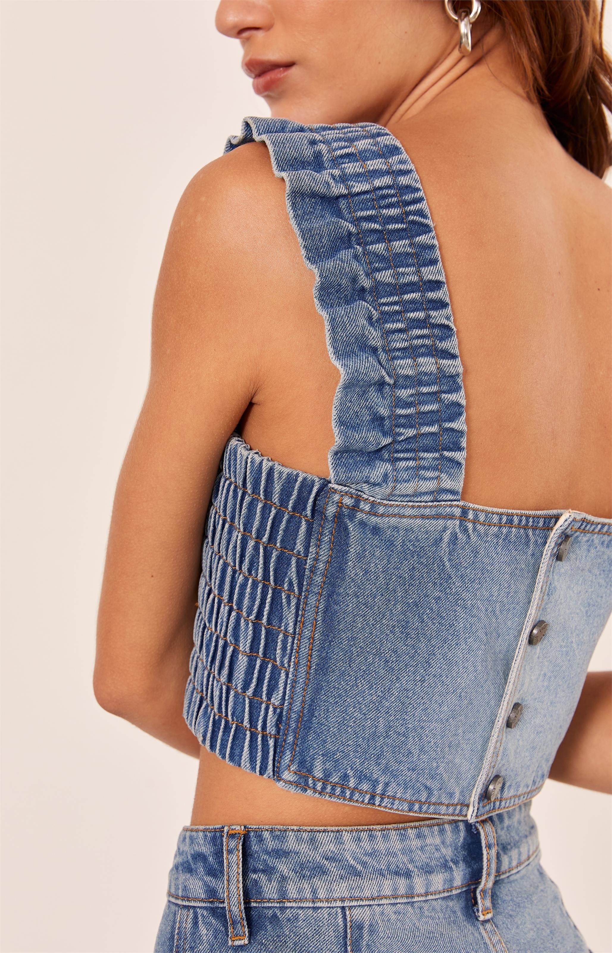 Cropped Alça Babados Jeans Claro