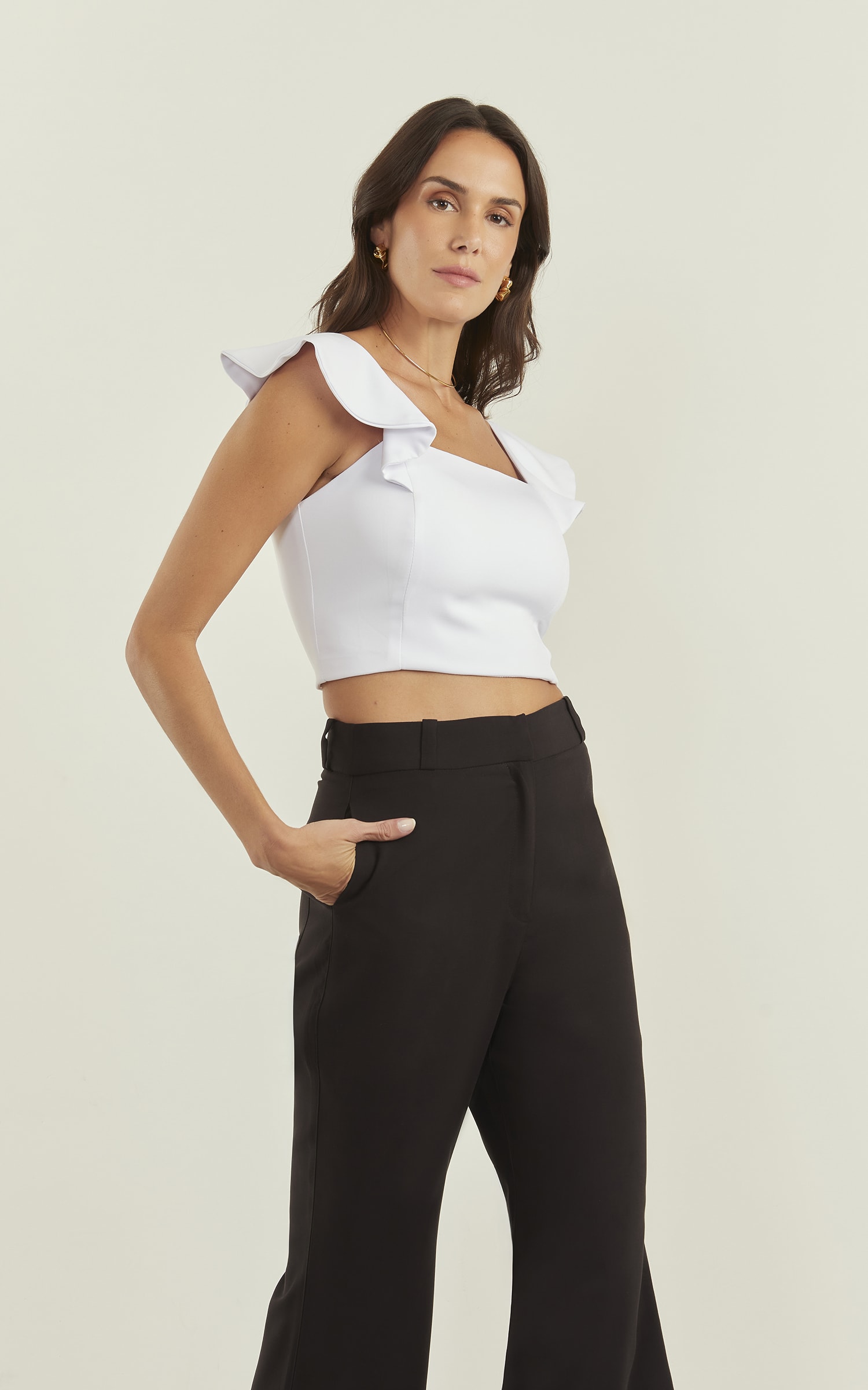 Cropped Anoitecer Alça Babados Off White