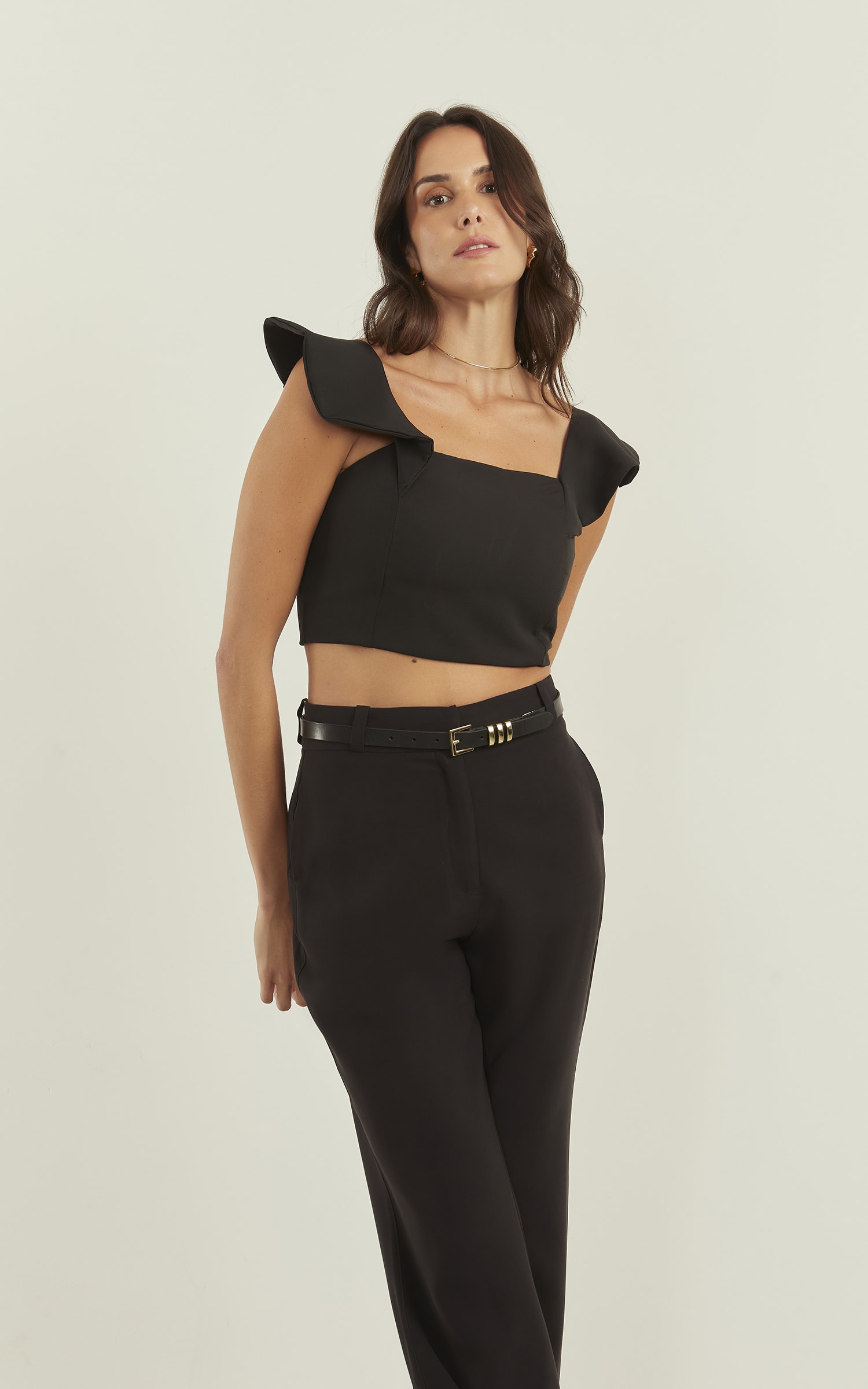 Cropped Anoitecer Alça Babados Preto