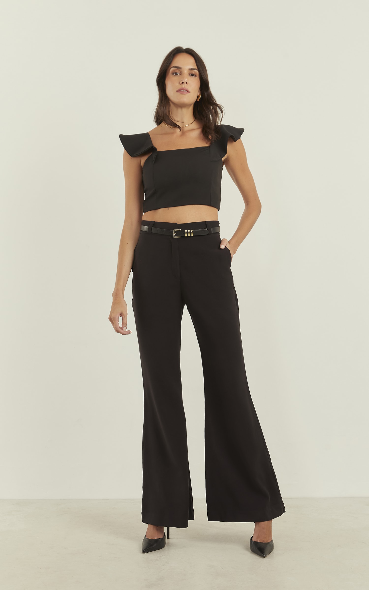 Cropped Anoitecer Alça Babados Preto