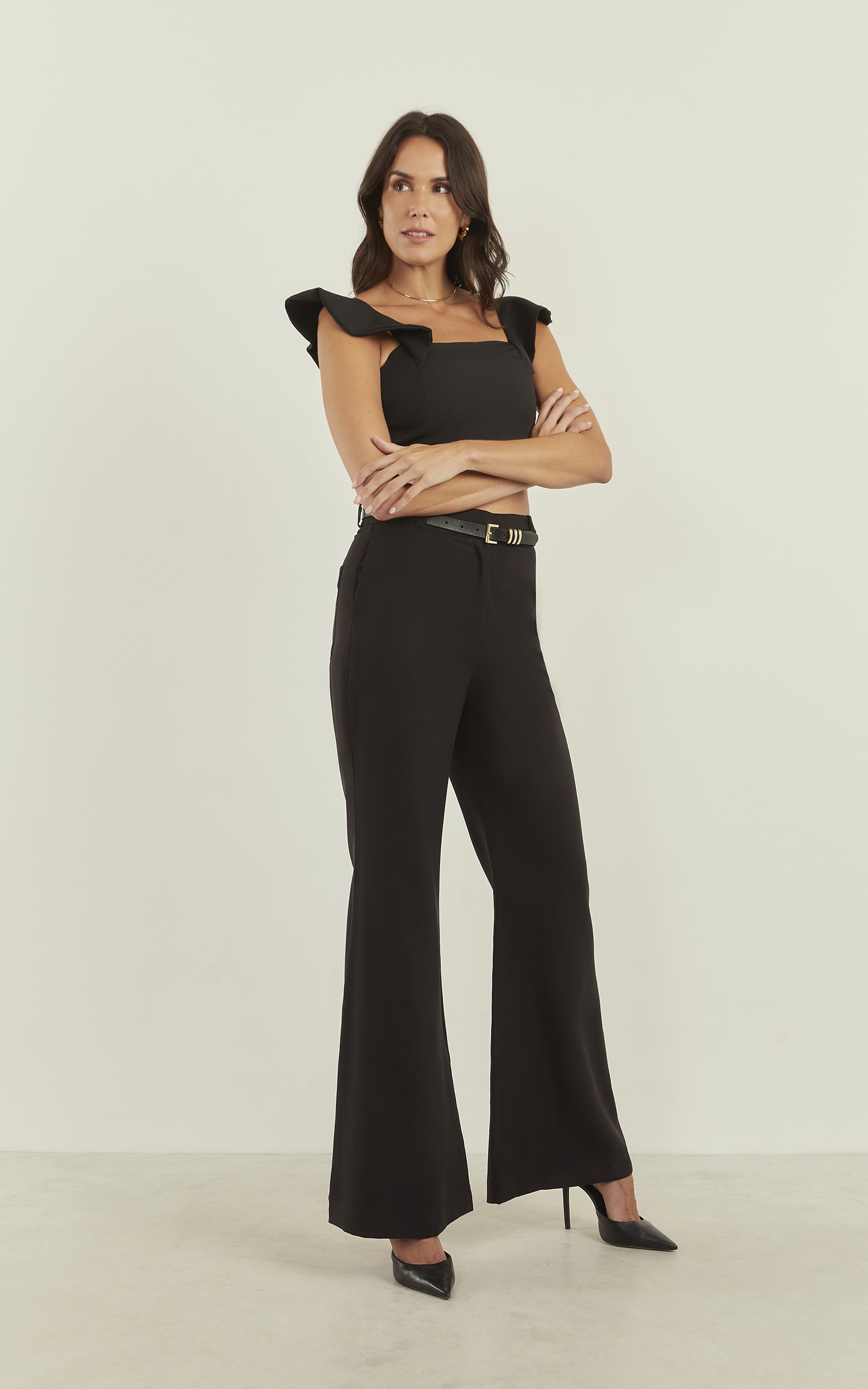 Cropped Anoitecer Alça Babados Preto