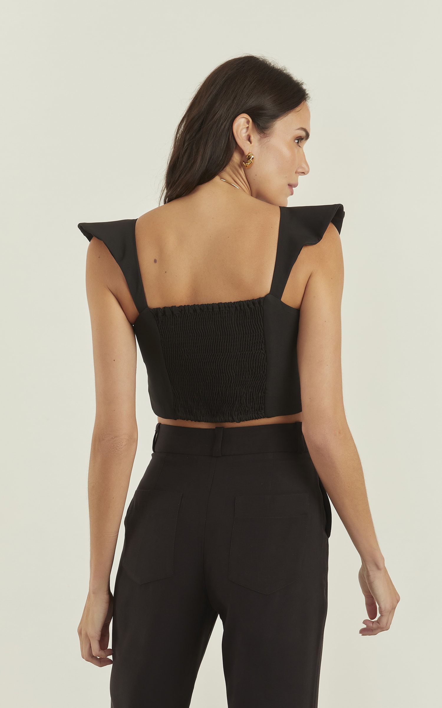 Cropped Anoitecer Alça Babados Preto
