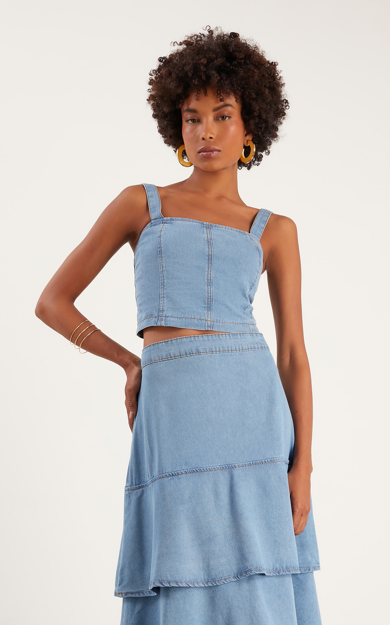 Cropped Recortes Jeans Médio