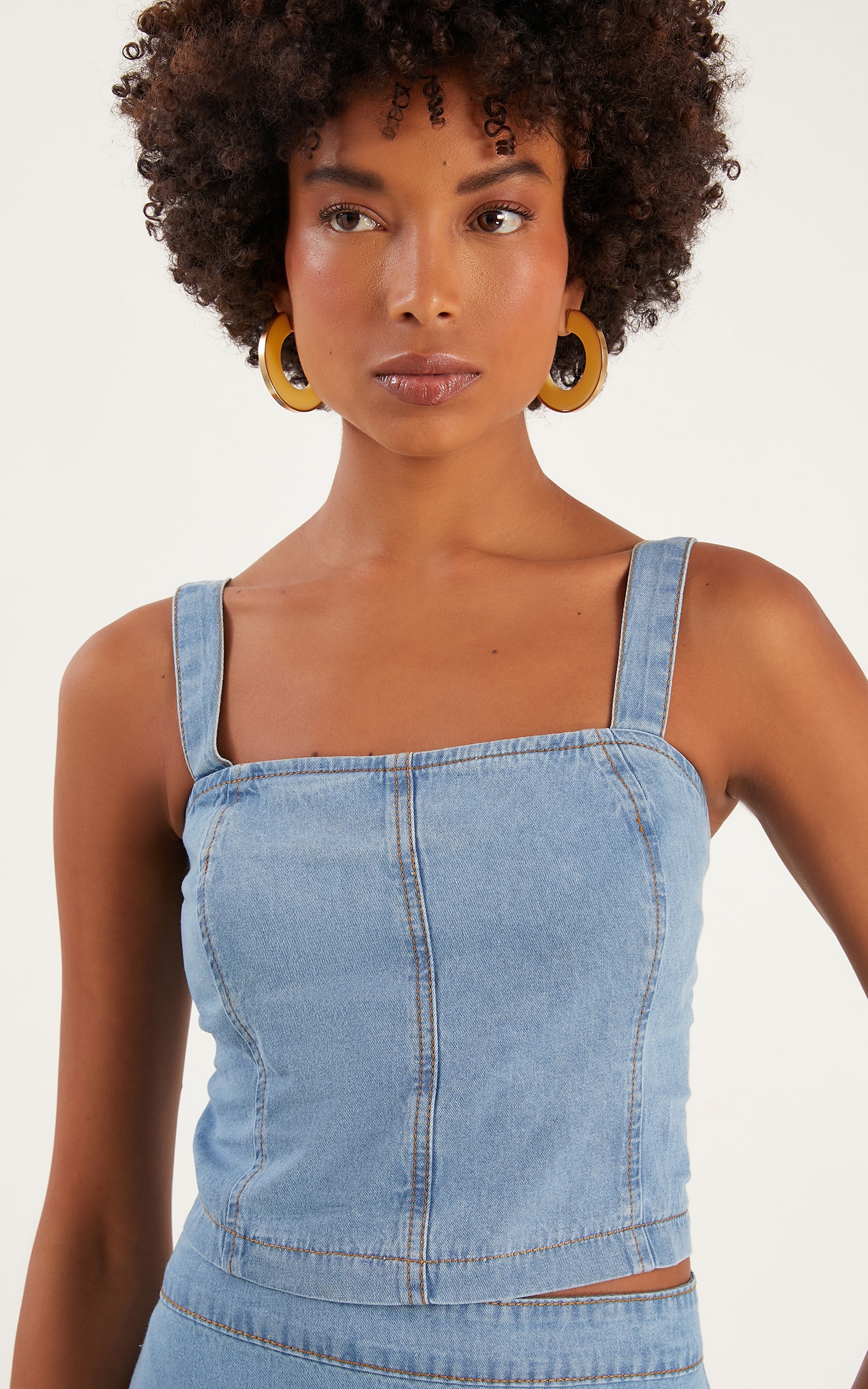 Cropped Recortes Jeans Médio