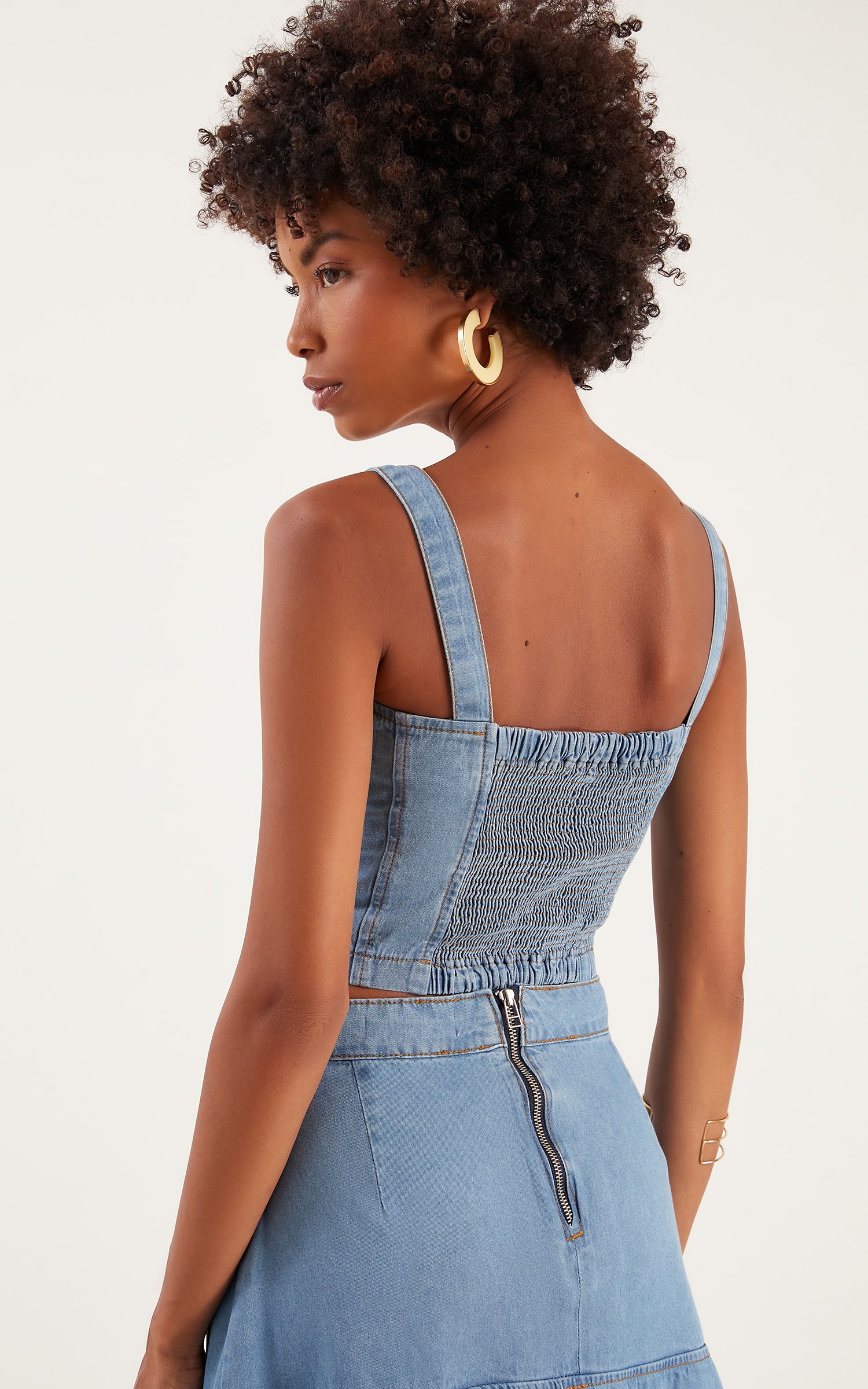 Cropped Recortes Jeans Médio