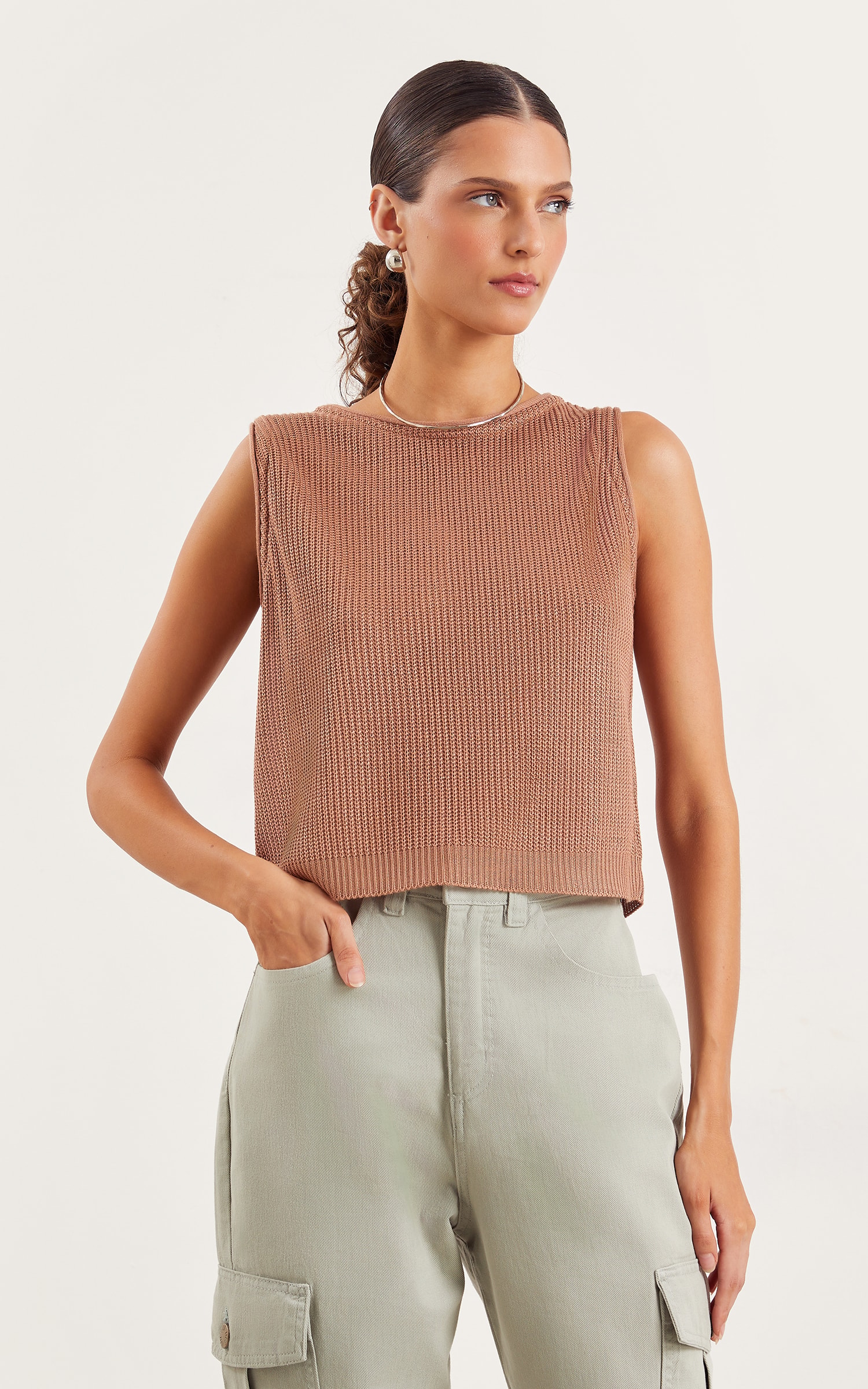 Cropped Tricot Básico Amendoa