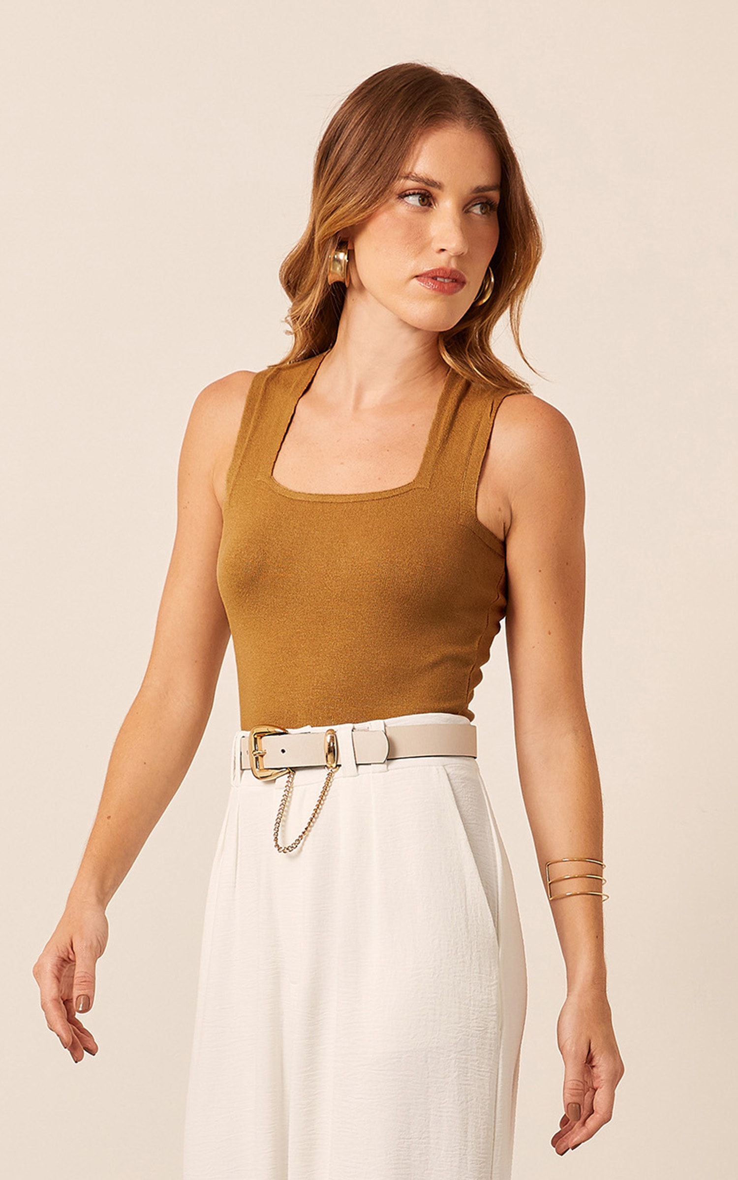 Cropped Tricot Decote Trapézio Caqui